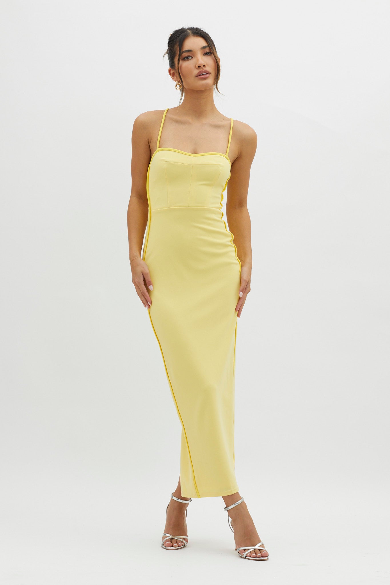 Future Awaits Lace-Up Back Maxi Dress Yellow-Maymioy