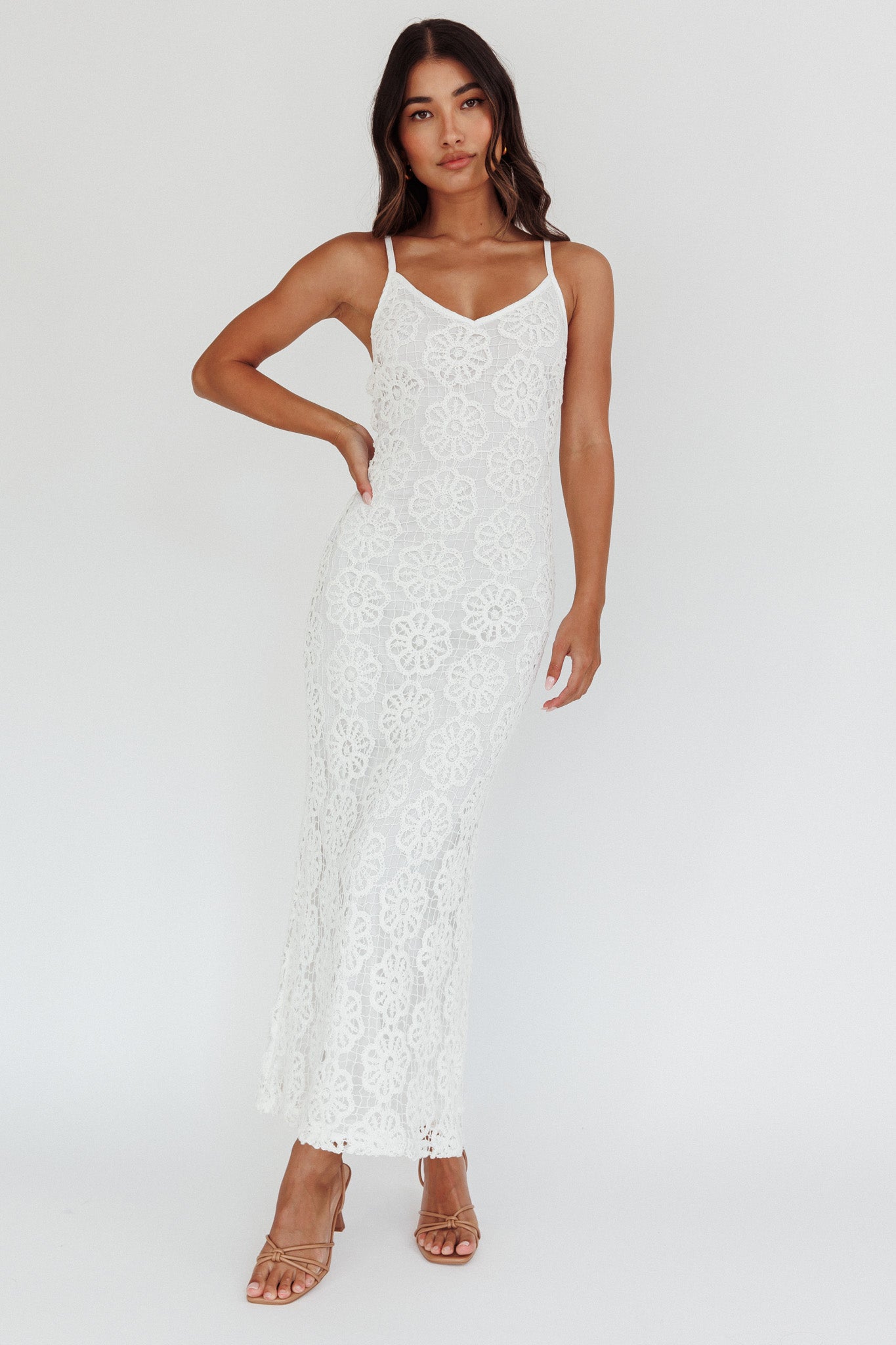 Spark Joy Floral Crochet Overlay Maxi Dress White-Maymioy