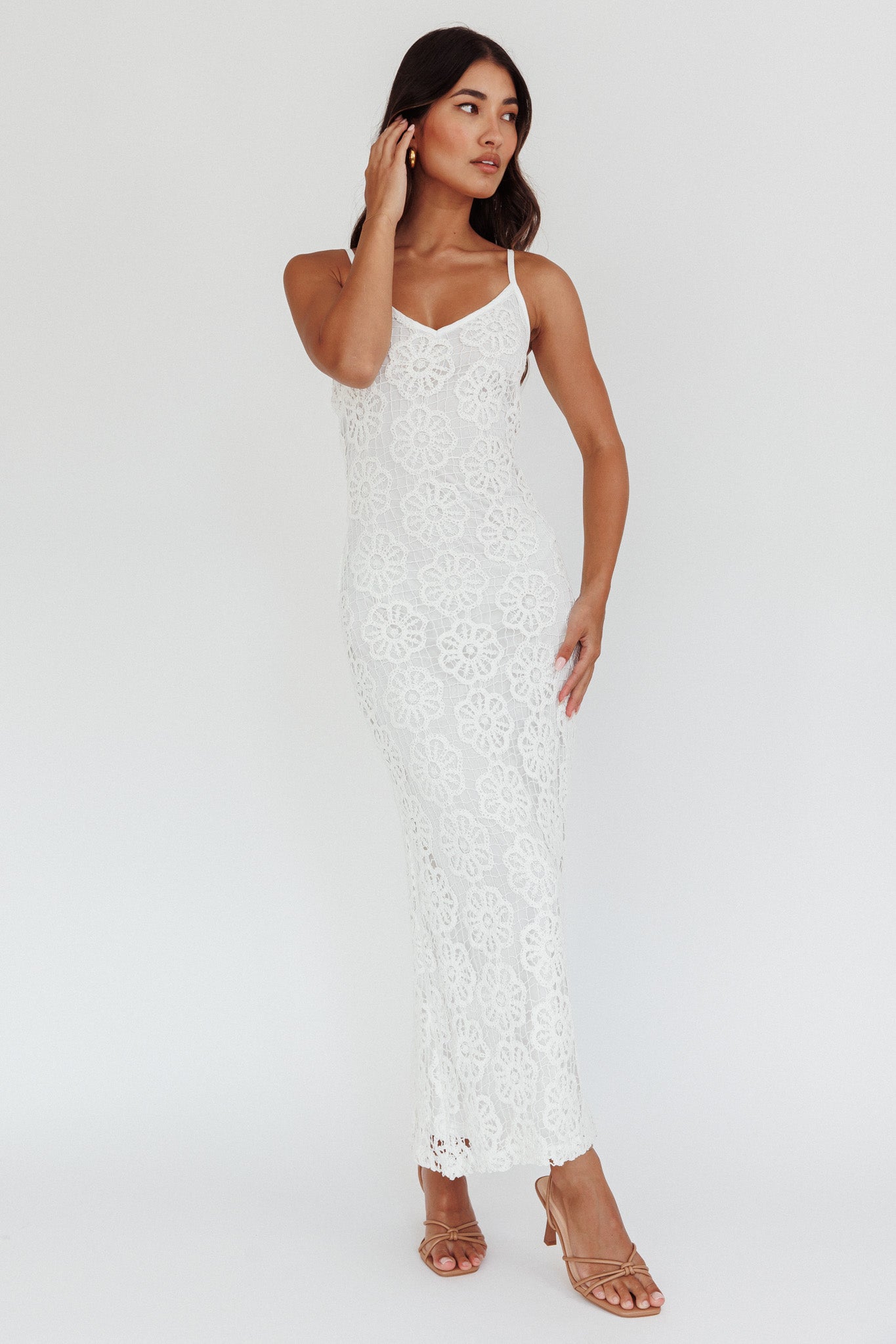 Spark Joy Floral Crochet Overlay Maxi Dress White-Maymioy