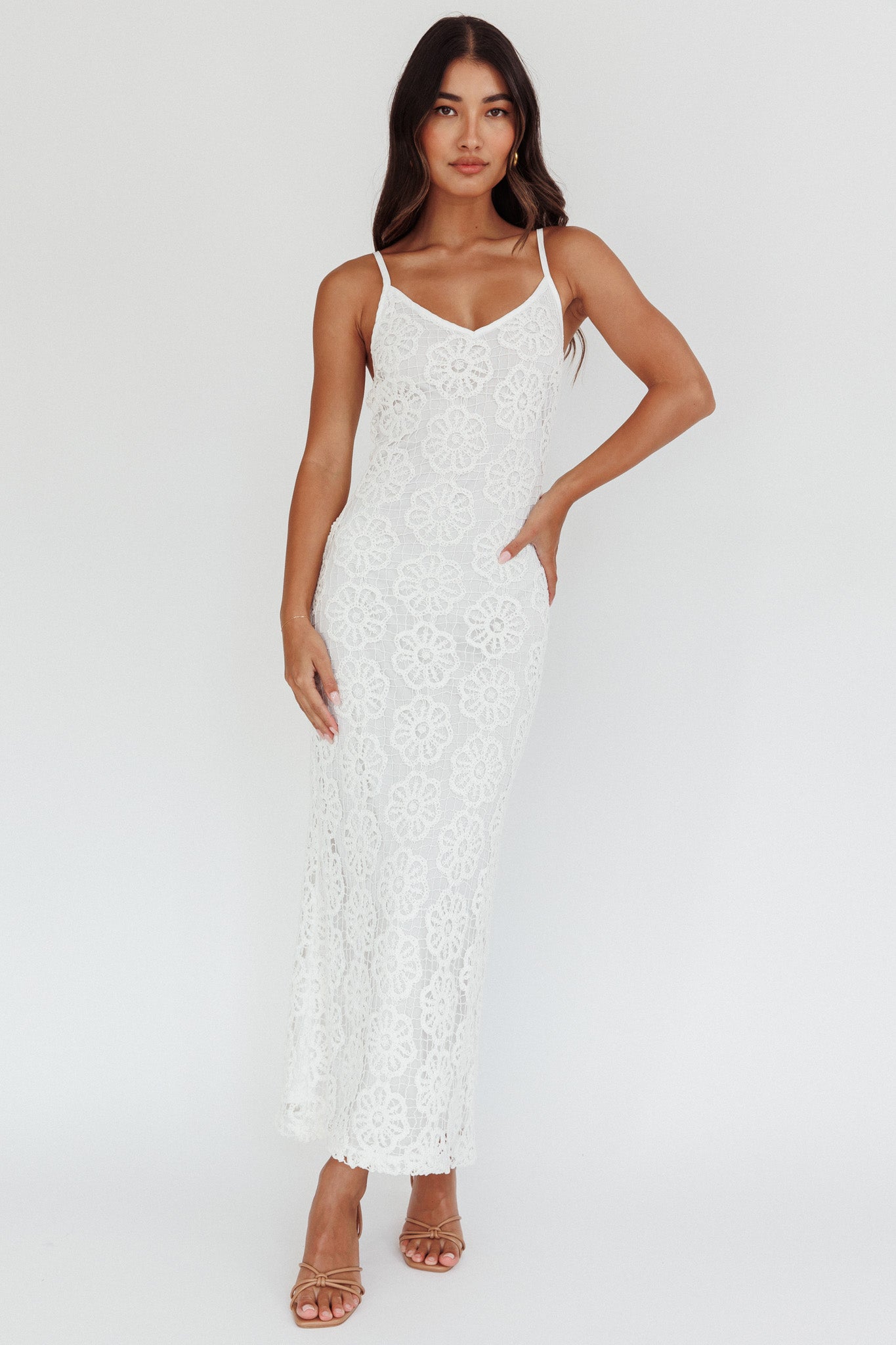 Spark Joy Floral Crochet Overlay Maxi Dress White-Maymioy