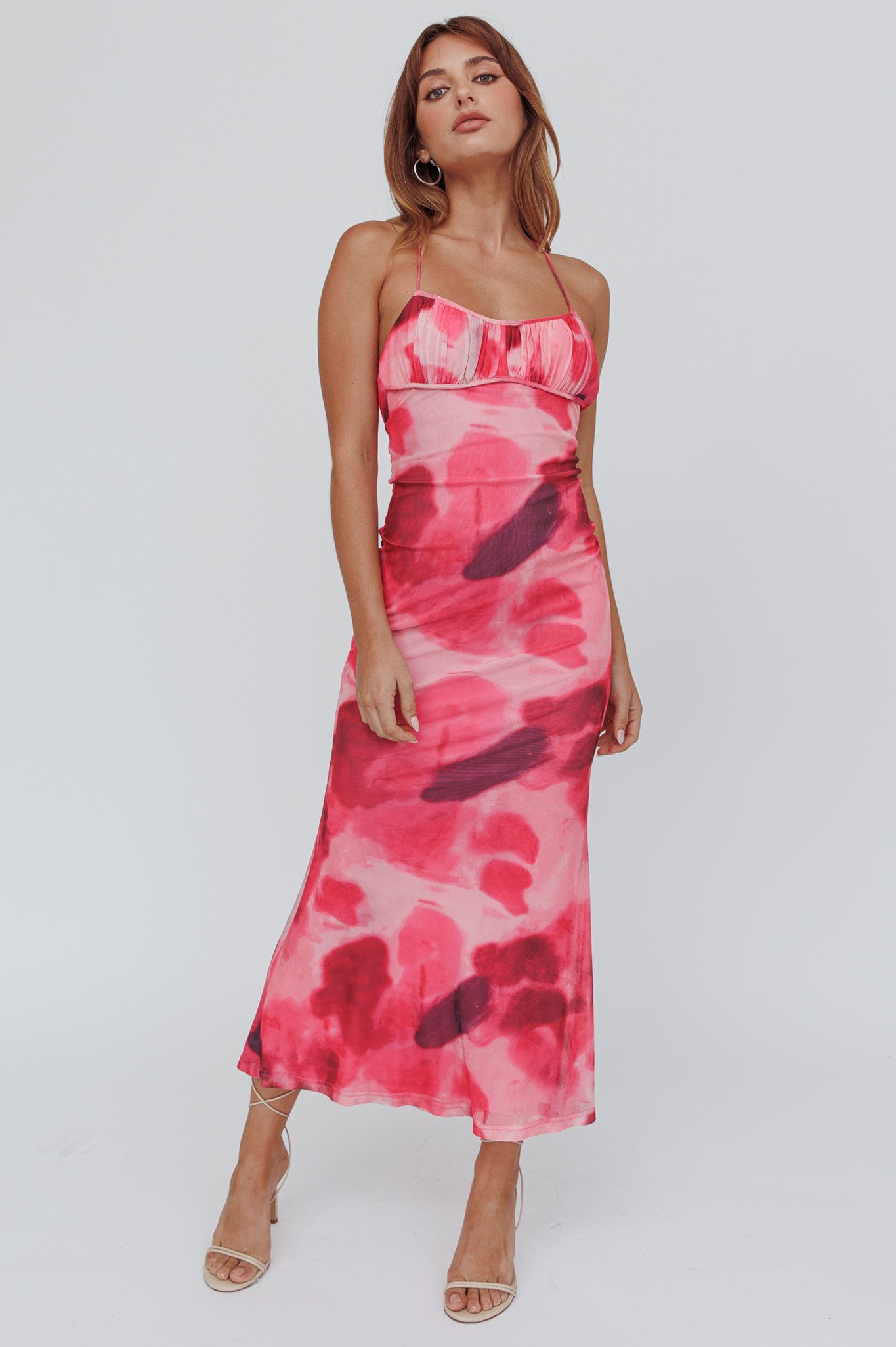 Blossom Belle Low Back Maxi Dress Print Red-Maymioy
