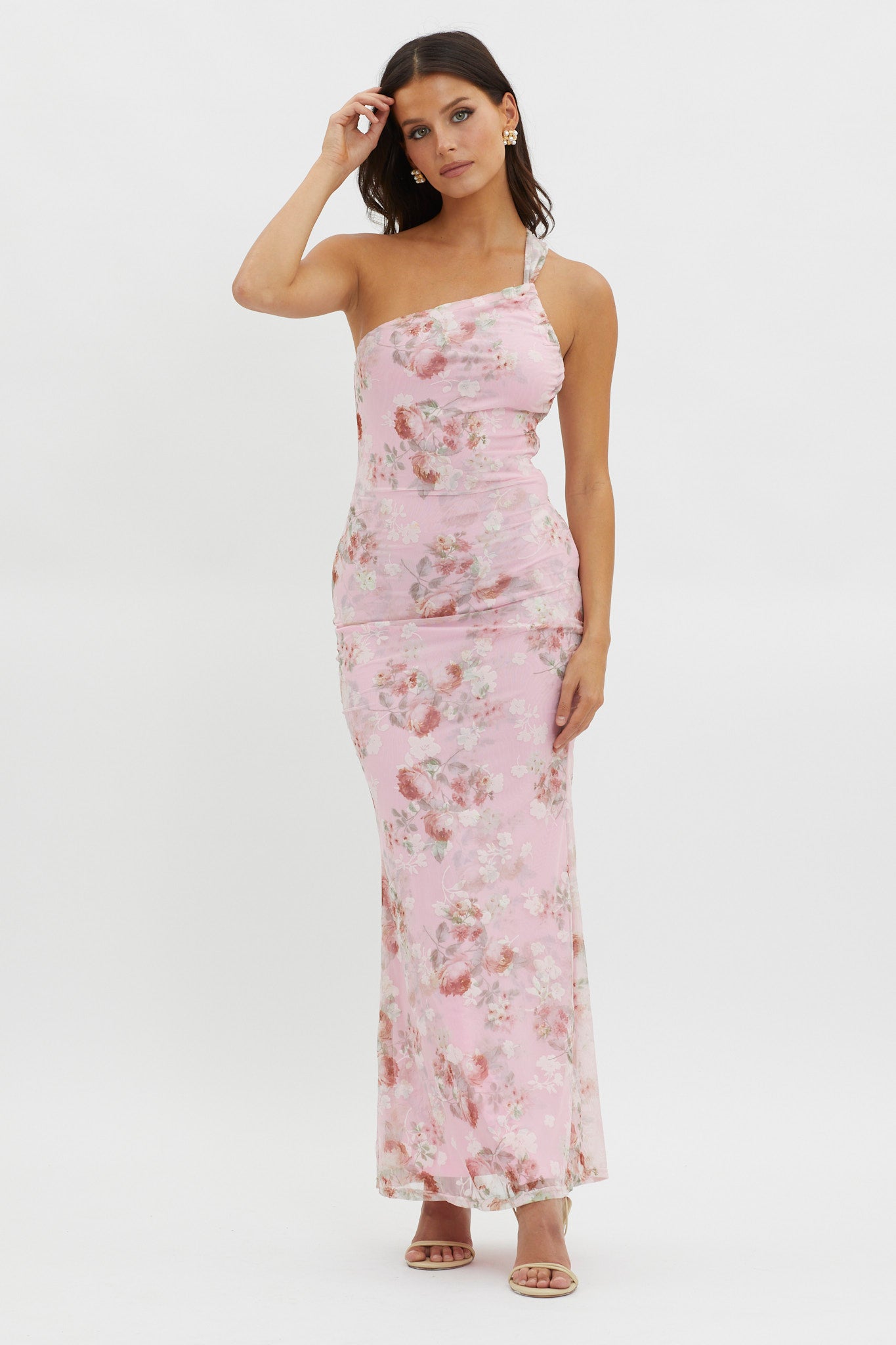 Tatum One-Shoulder Mesh Maxi Dress Pink-Maymioy