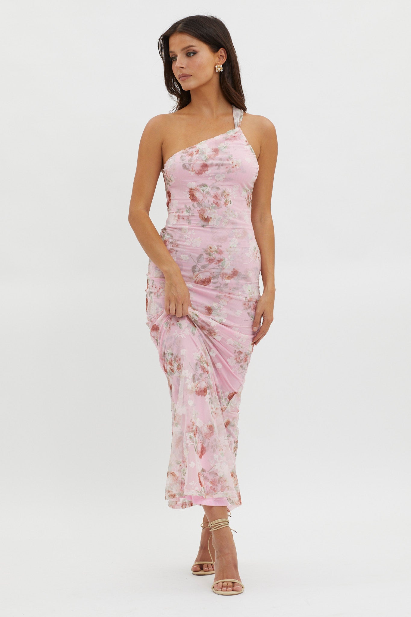 Tatum One-Shoulder Mesh Maxi Dress Pink-Maymioy