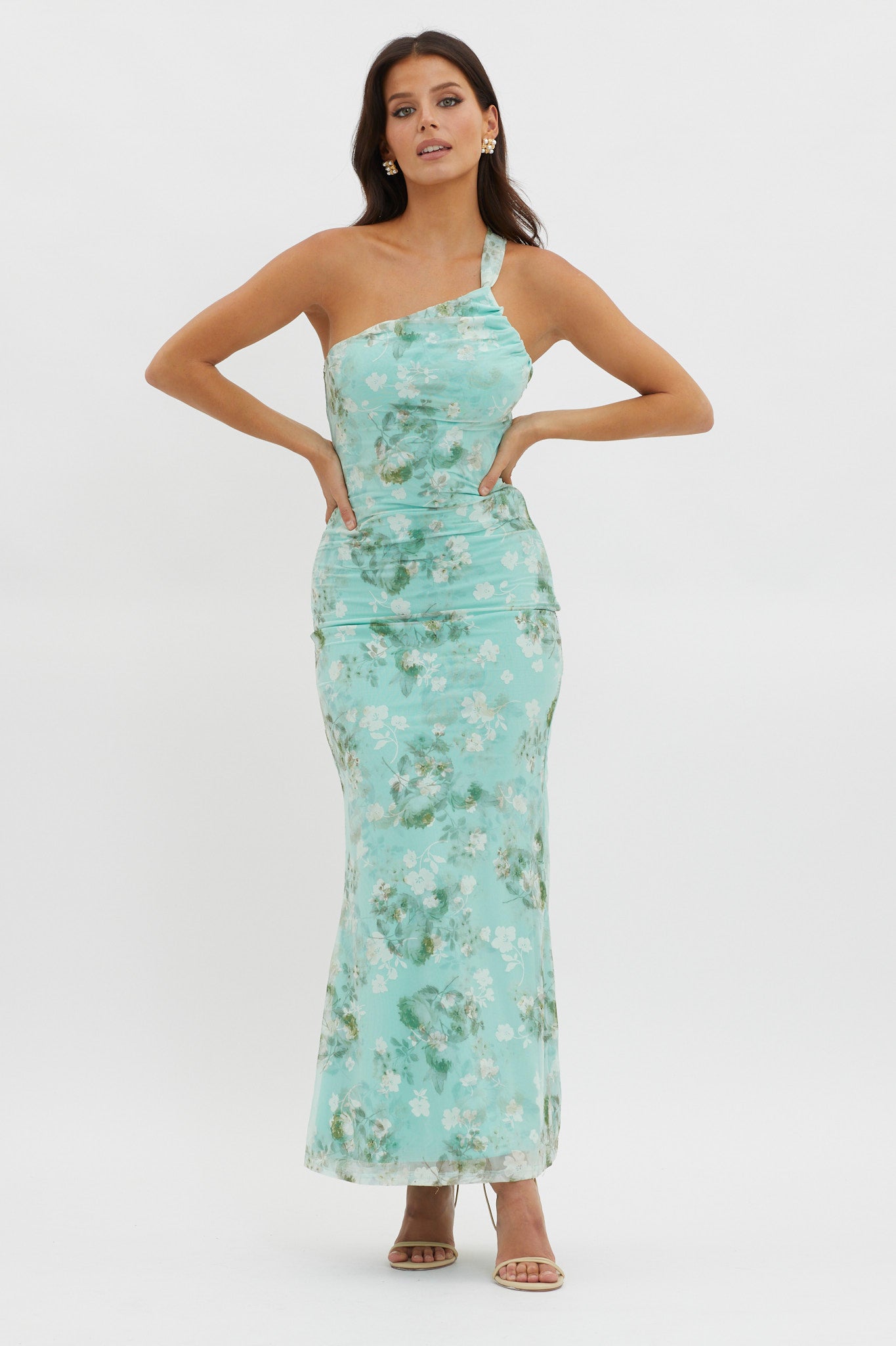 Tatum One-Shoulder Mesh Maxi Dress Sage-Maymioy