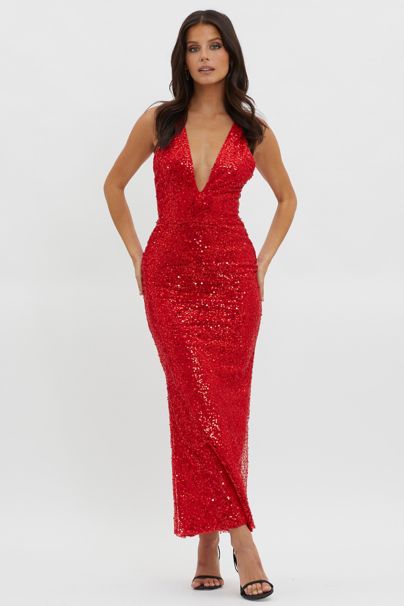 Glitter Nights Plunging Neckline Sequin Dress Red-Maymioy