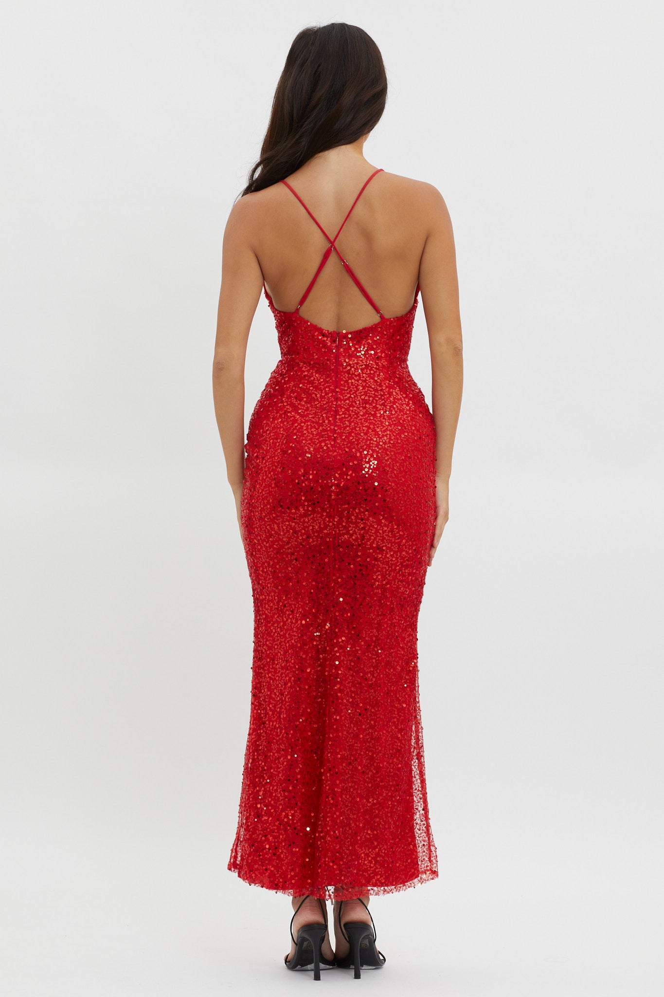 Glitter Nights Plunging Neckline Sequin Dress Red-Maymioy