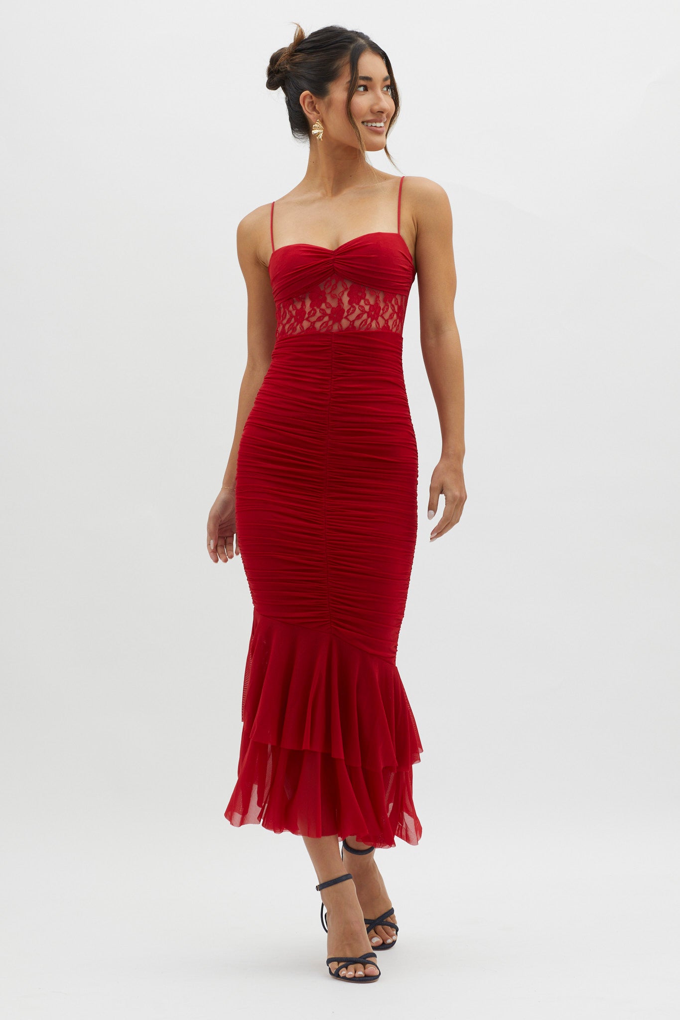 Cherubim Lace Insert Ruched Midi Dress Red-Maymioy