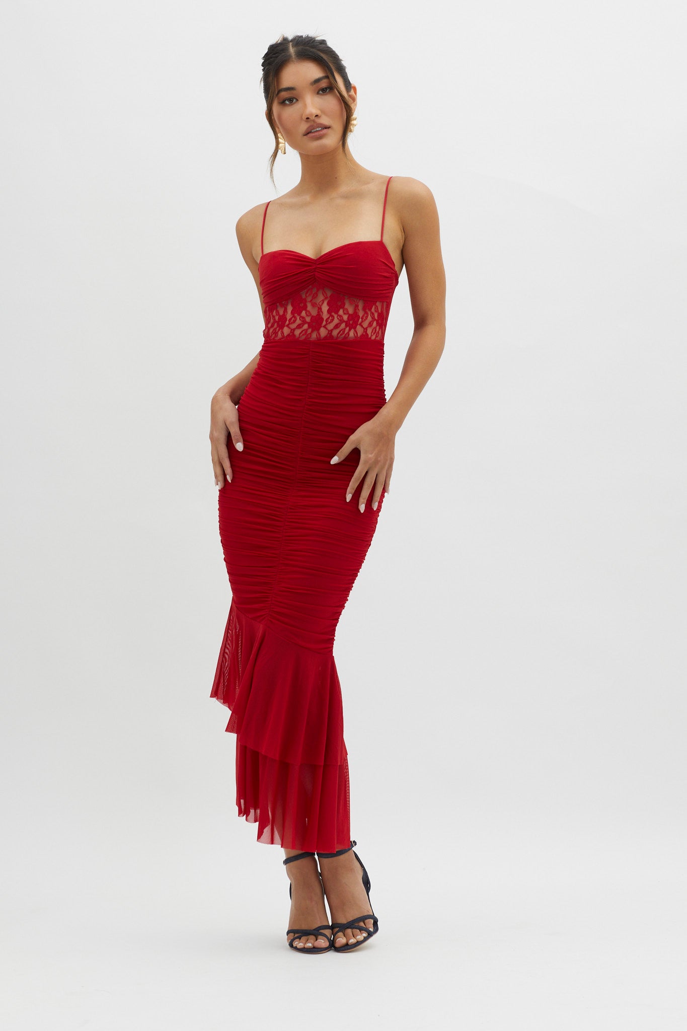 Cherubim Lace Insert Ruched Midi Dress Red-Maymioy