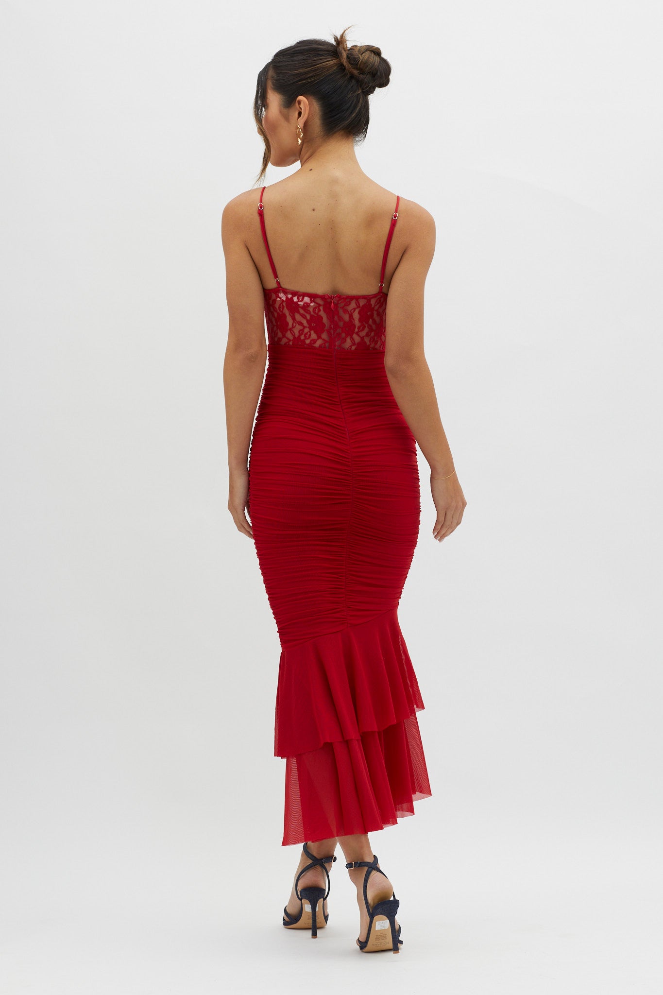 Cherubim Lace Insert Ruched Midi Dress Red-Maymioy