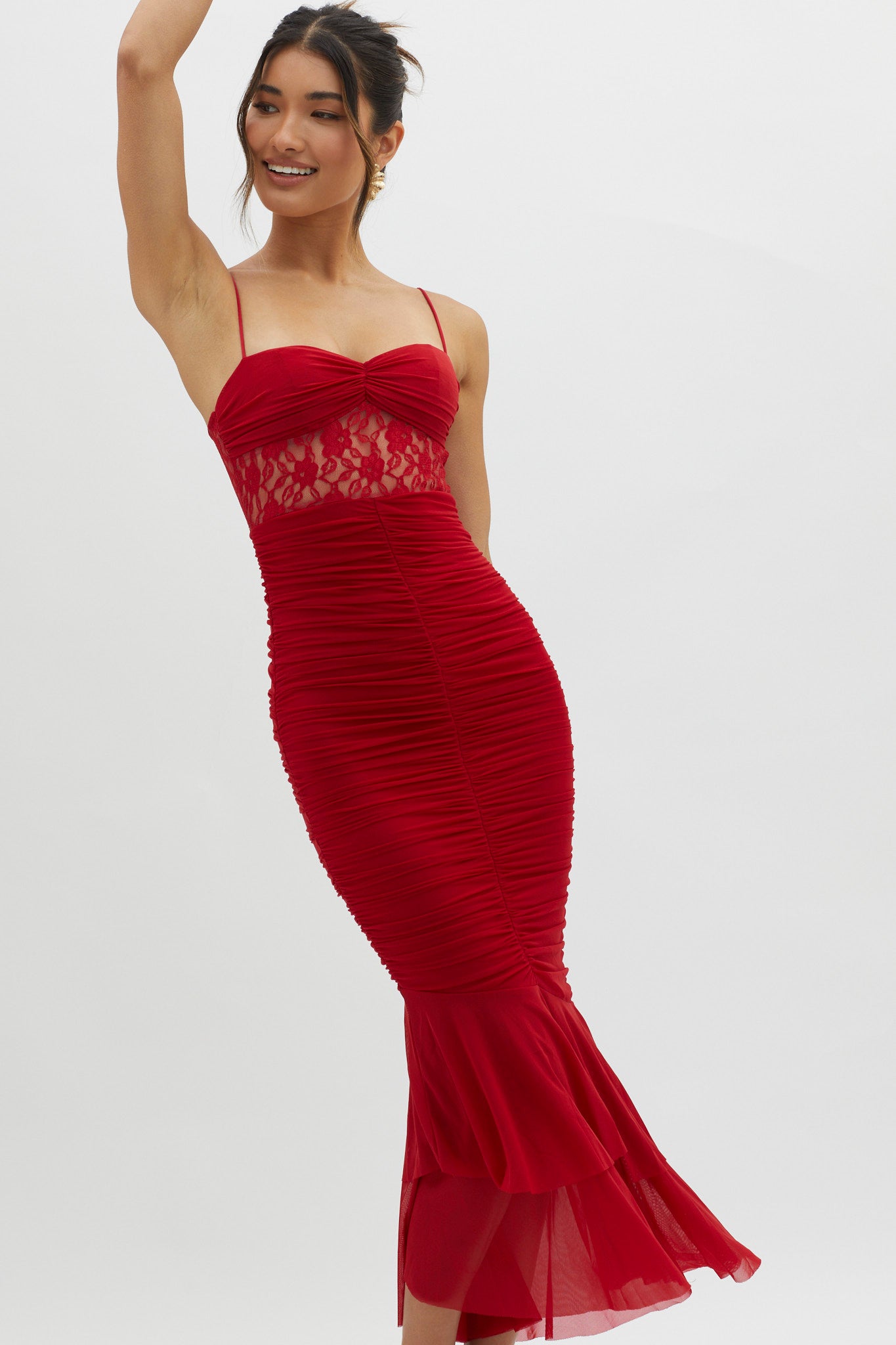 Cherubim Lace Insert Ruched Midi Dress Red-Maymioy