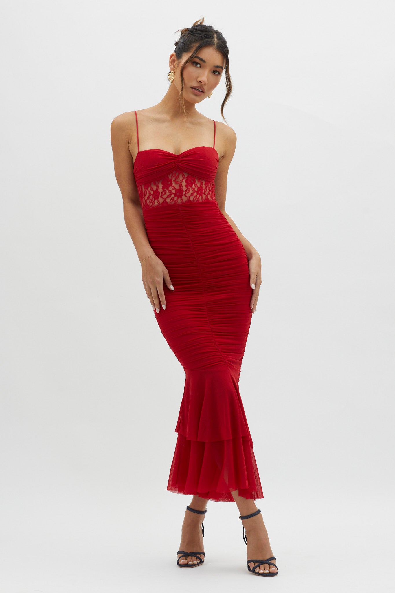 Cherubim Lace Insert Ruched Midi Dress Red-Maymioy