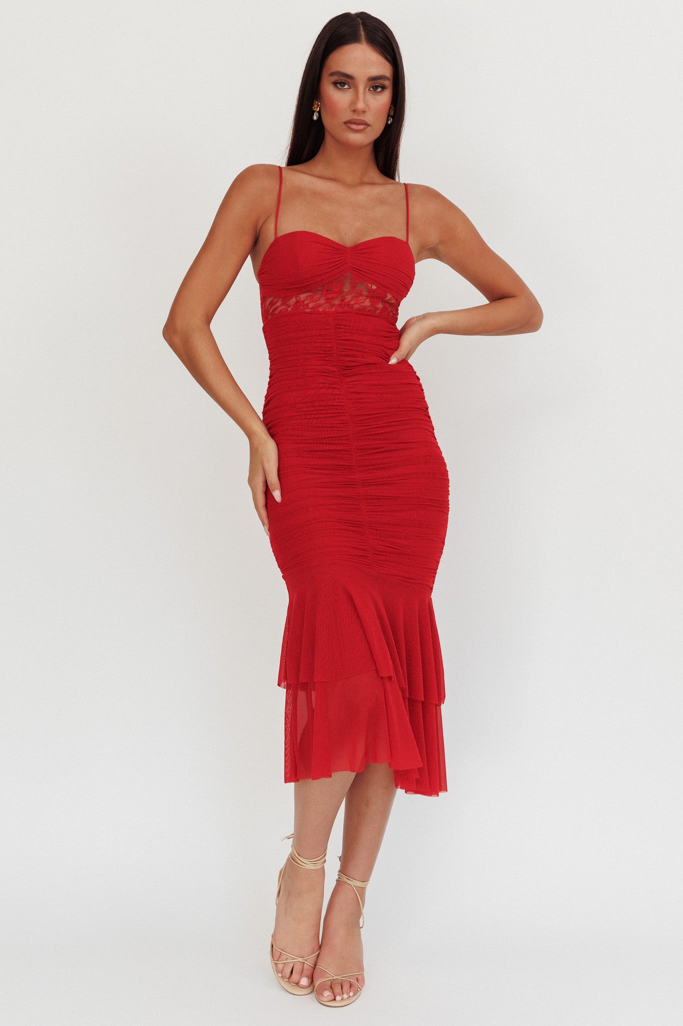 Cherubim Lace Insert Ruched Midi Dress Red-Maymioy