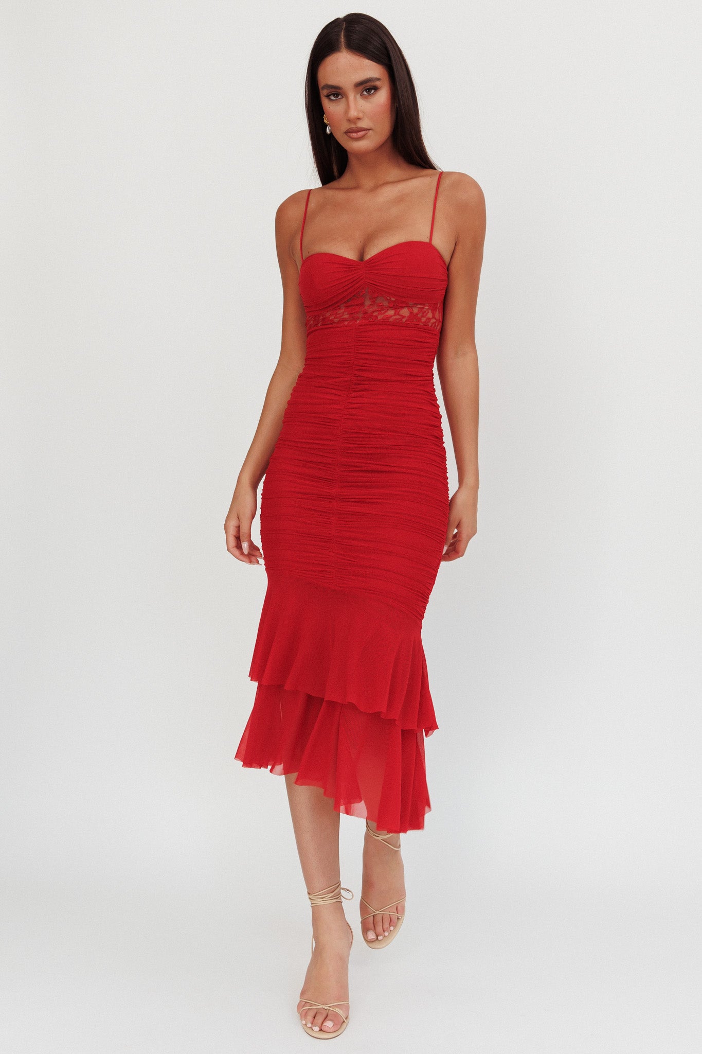 Cherubim Lace Insert Ruched Midi Dress Red-Maymioy