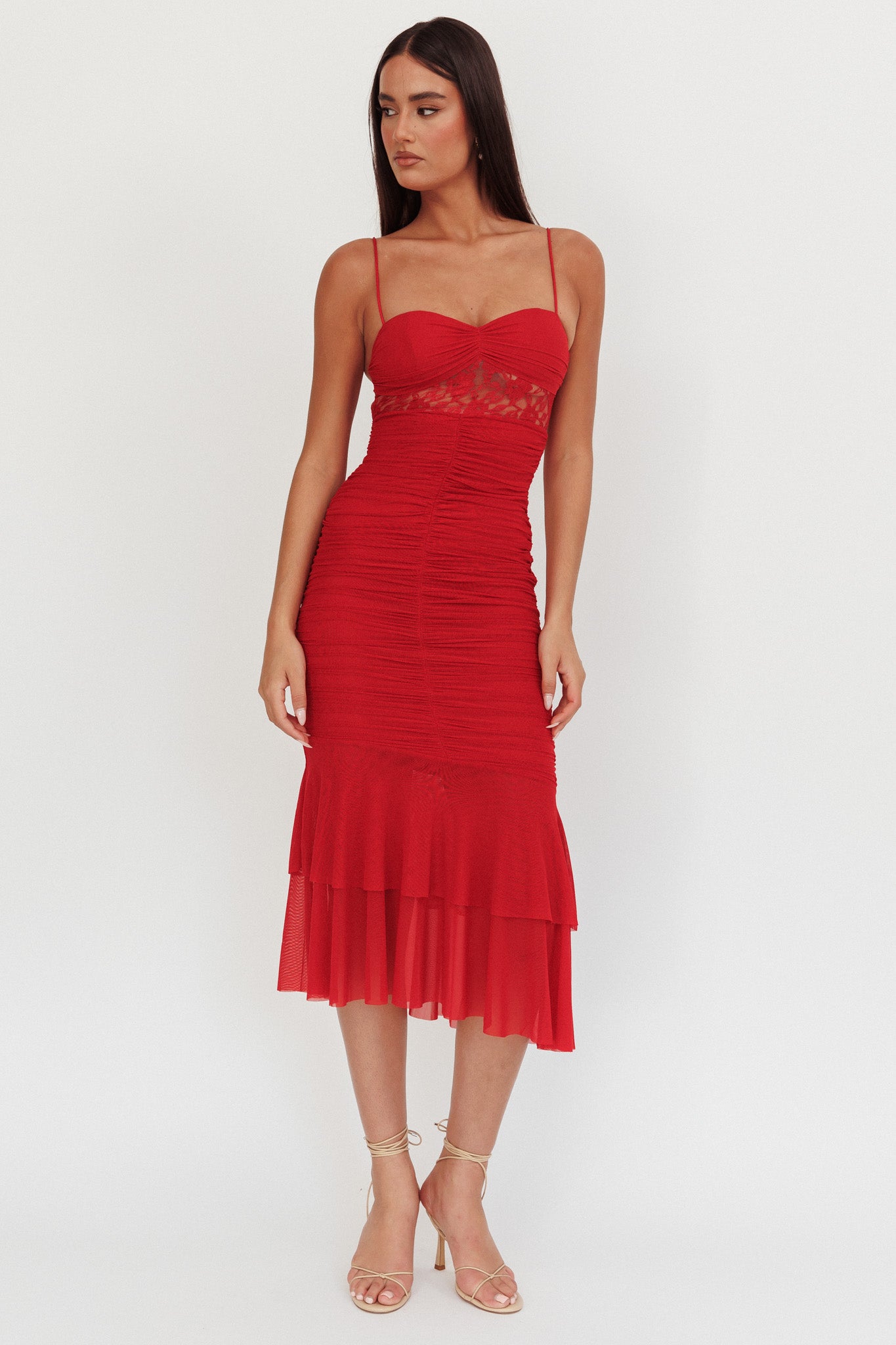 Cherubim Lace Insert Ruched Midi Dress Red-Maymioy