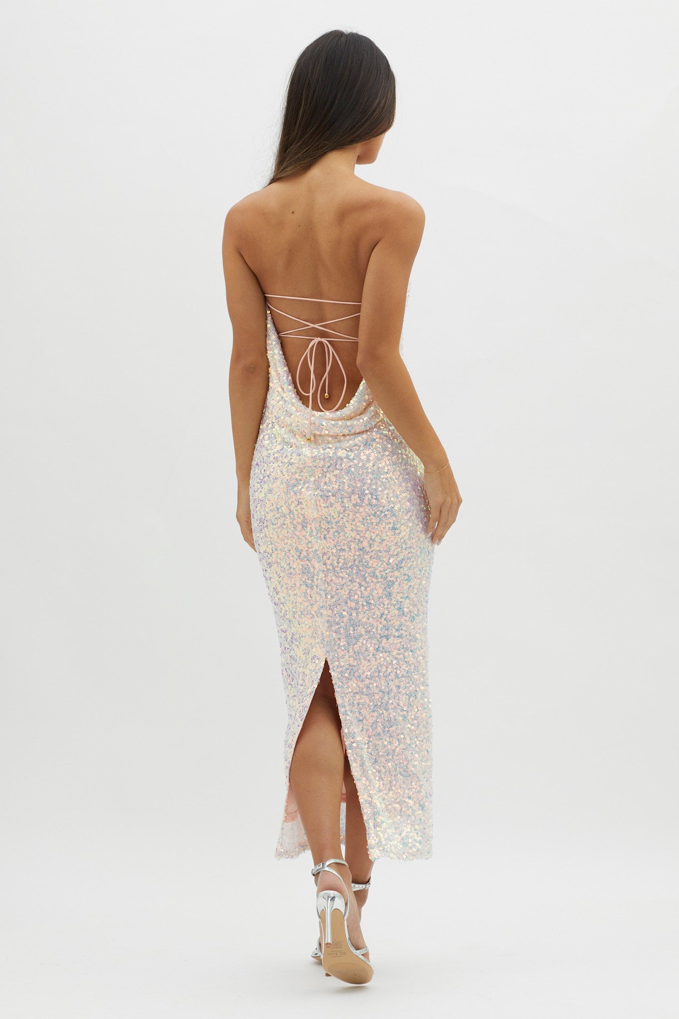 C'est Moi Sequin Laced Back Dress Pink-Maymioy