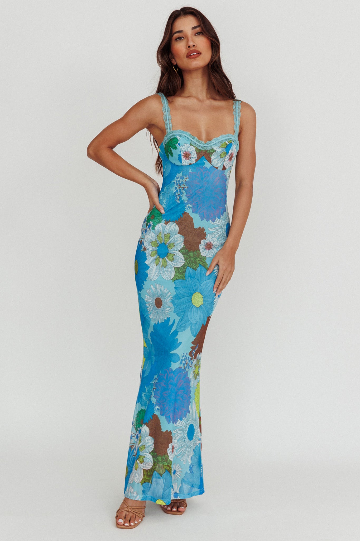 Girl Power Lace Strap Maxi Dress Blue-Maymioy