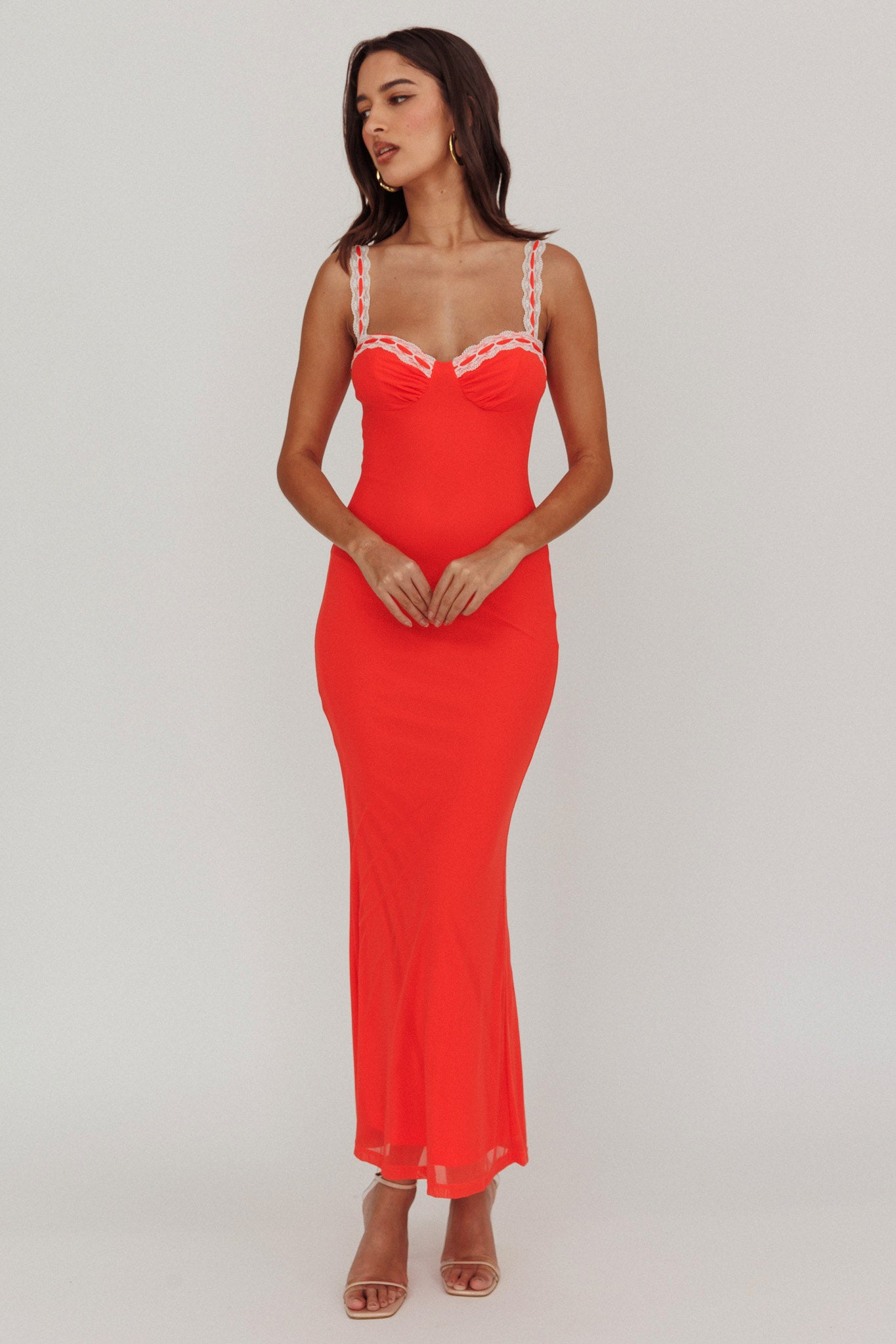 Girl Power Lace Strap Maxi Dress Red-Maymioy