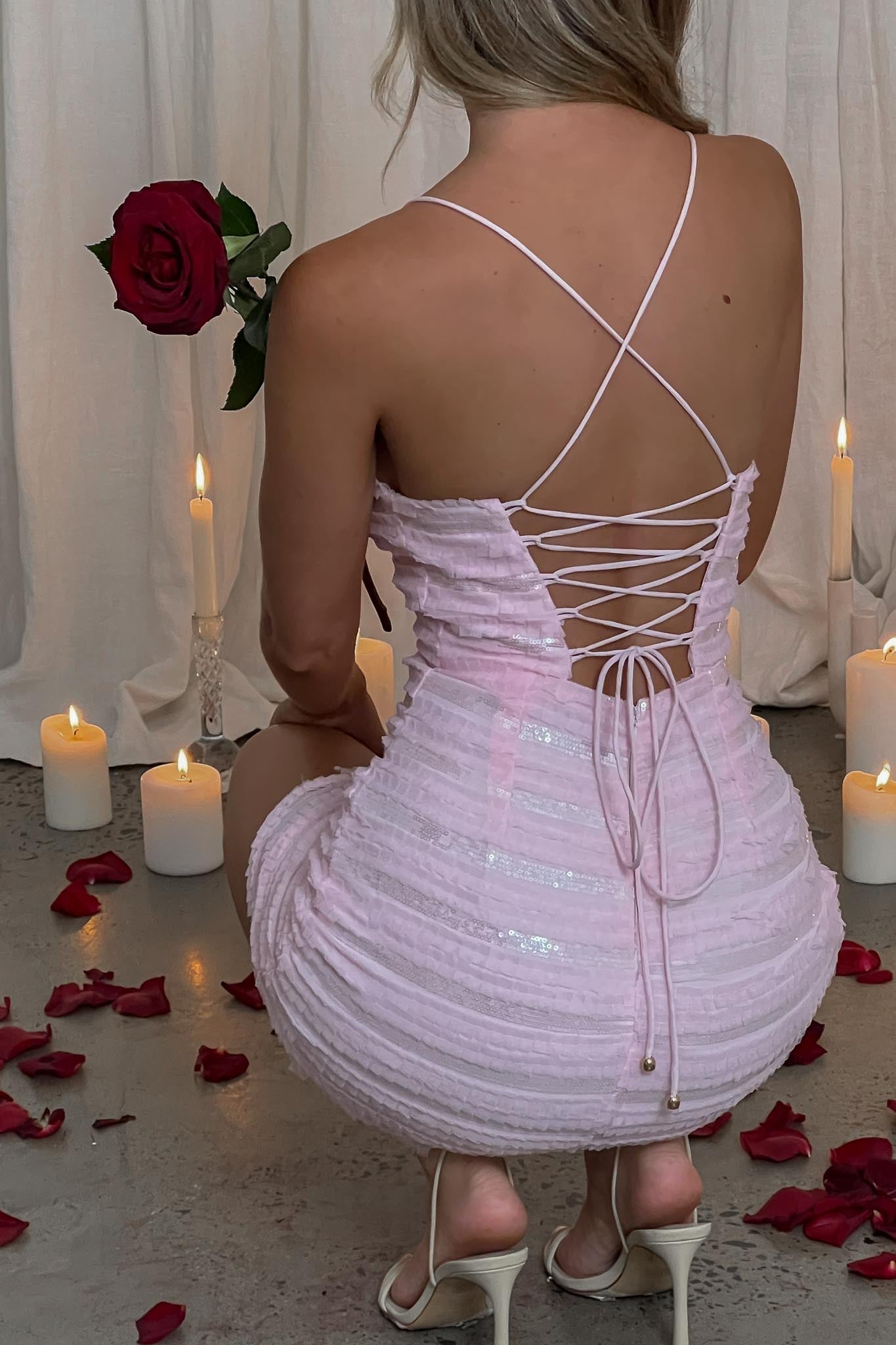 Highlight Reel Sequin Laced Back Dress Pink-Maymioy