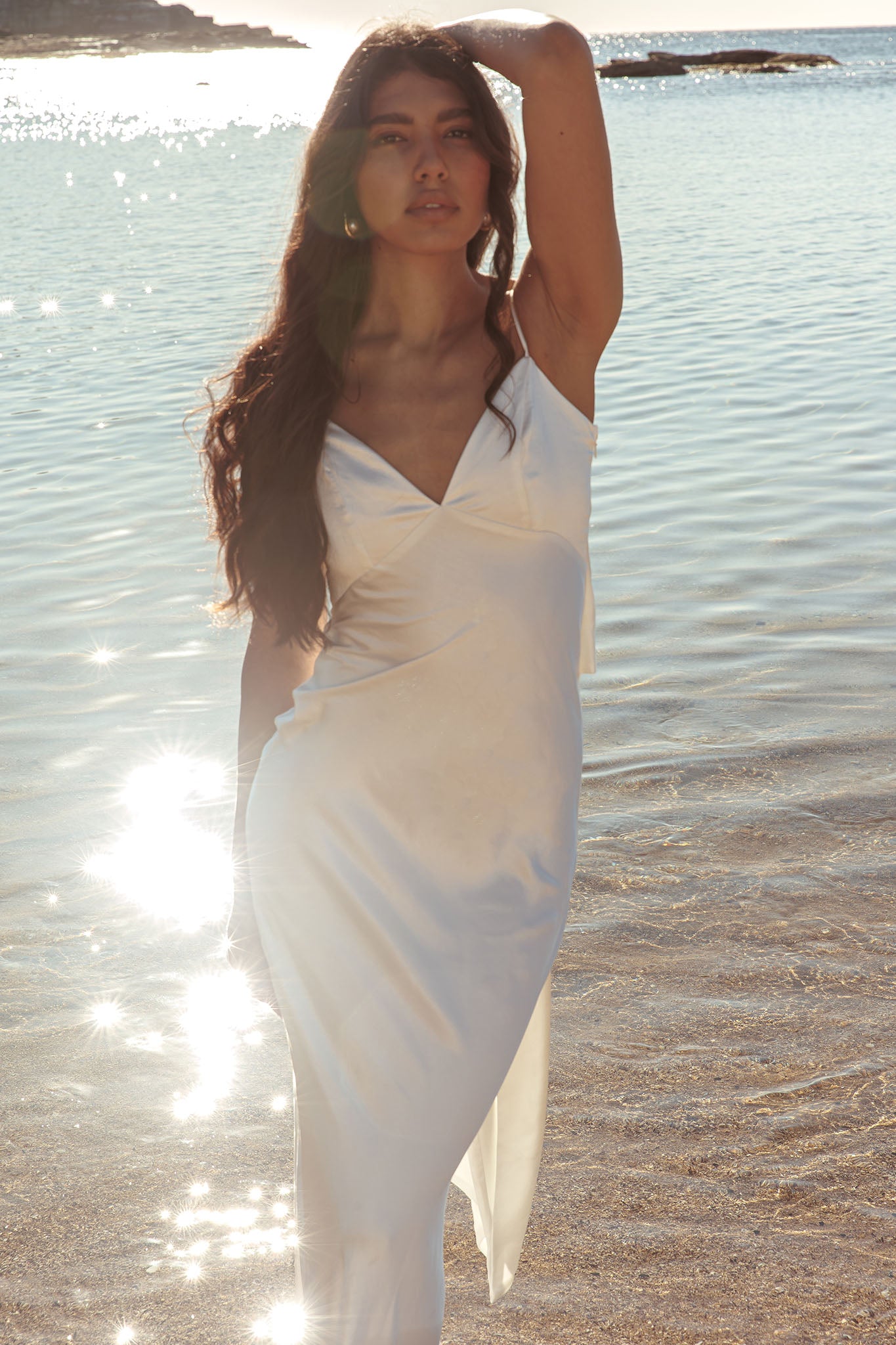 Ciao, Bella Tied Back Satin Maxi Dress Off White-Maymioy