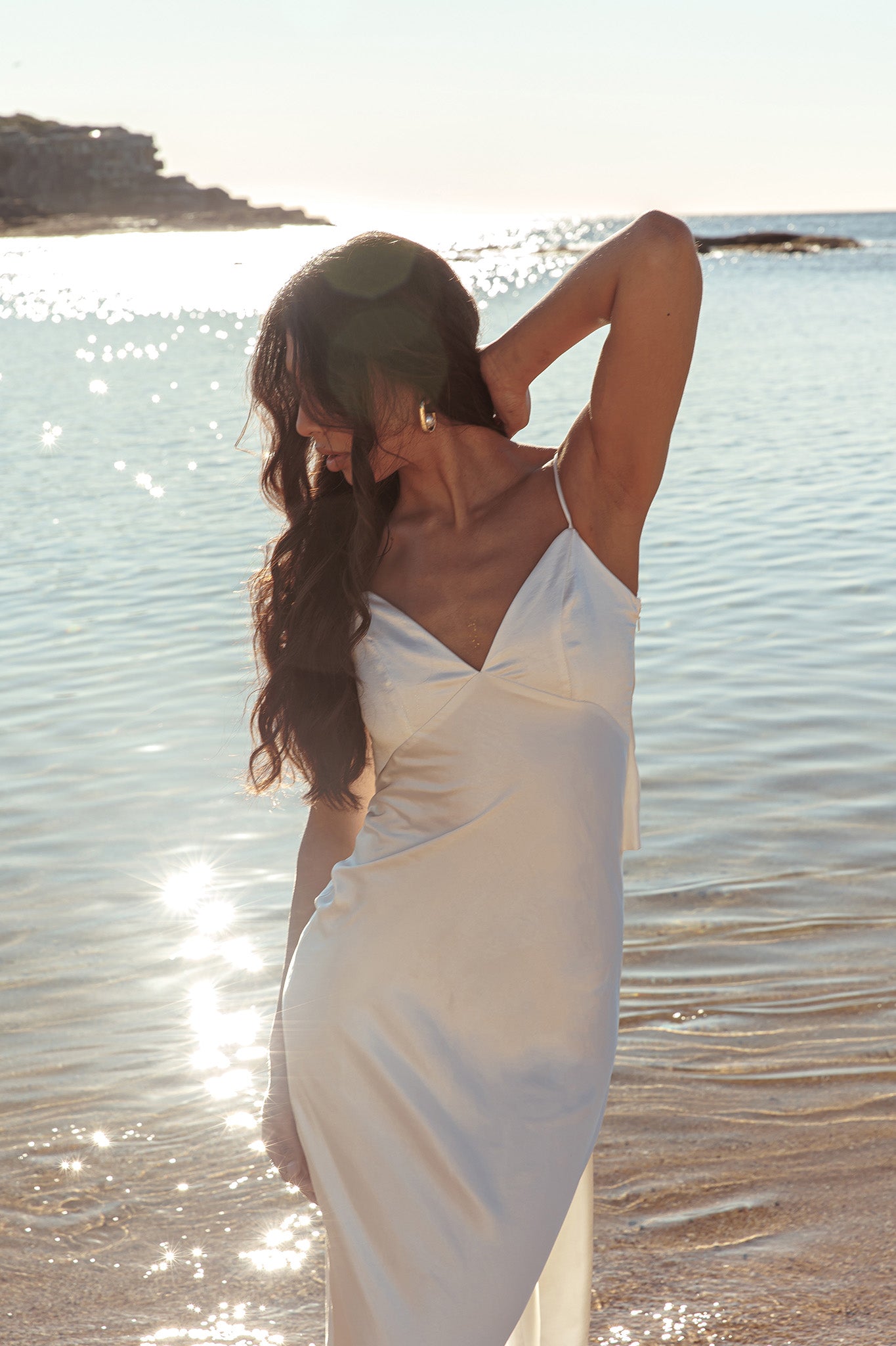 Ciao, Bella Tied Back Satin Maxi Dress Off White-Maymioy
