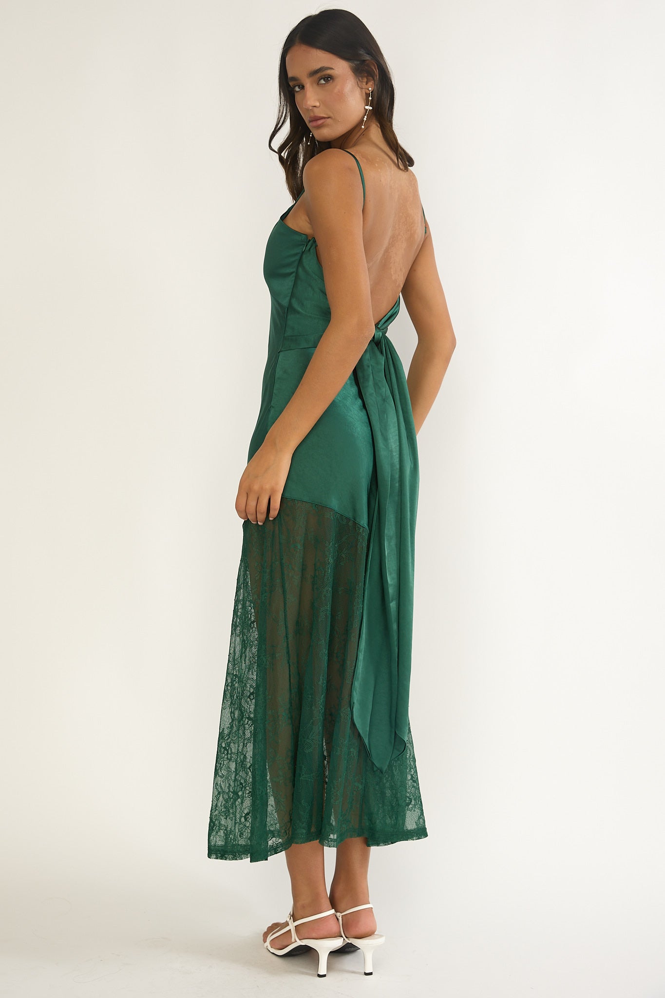 Ciao, Bella Tied Back Lace Hem Dress Forest Green-Maymioy