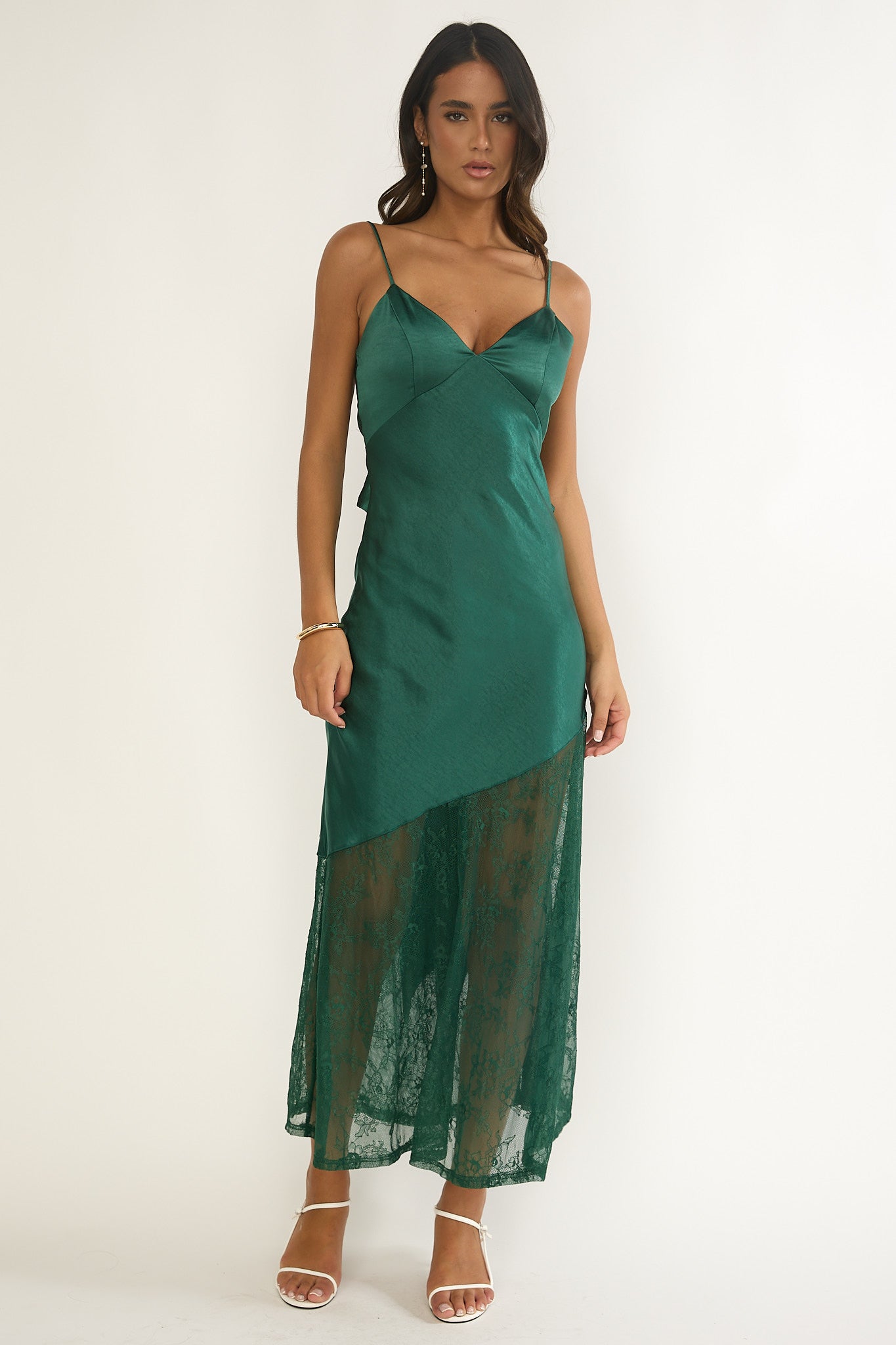 Ciao, Bella Tied Back Lace Hem Dress Forest Green-Maymioy