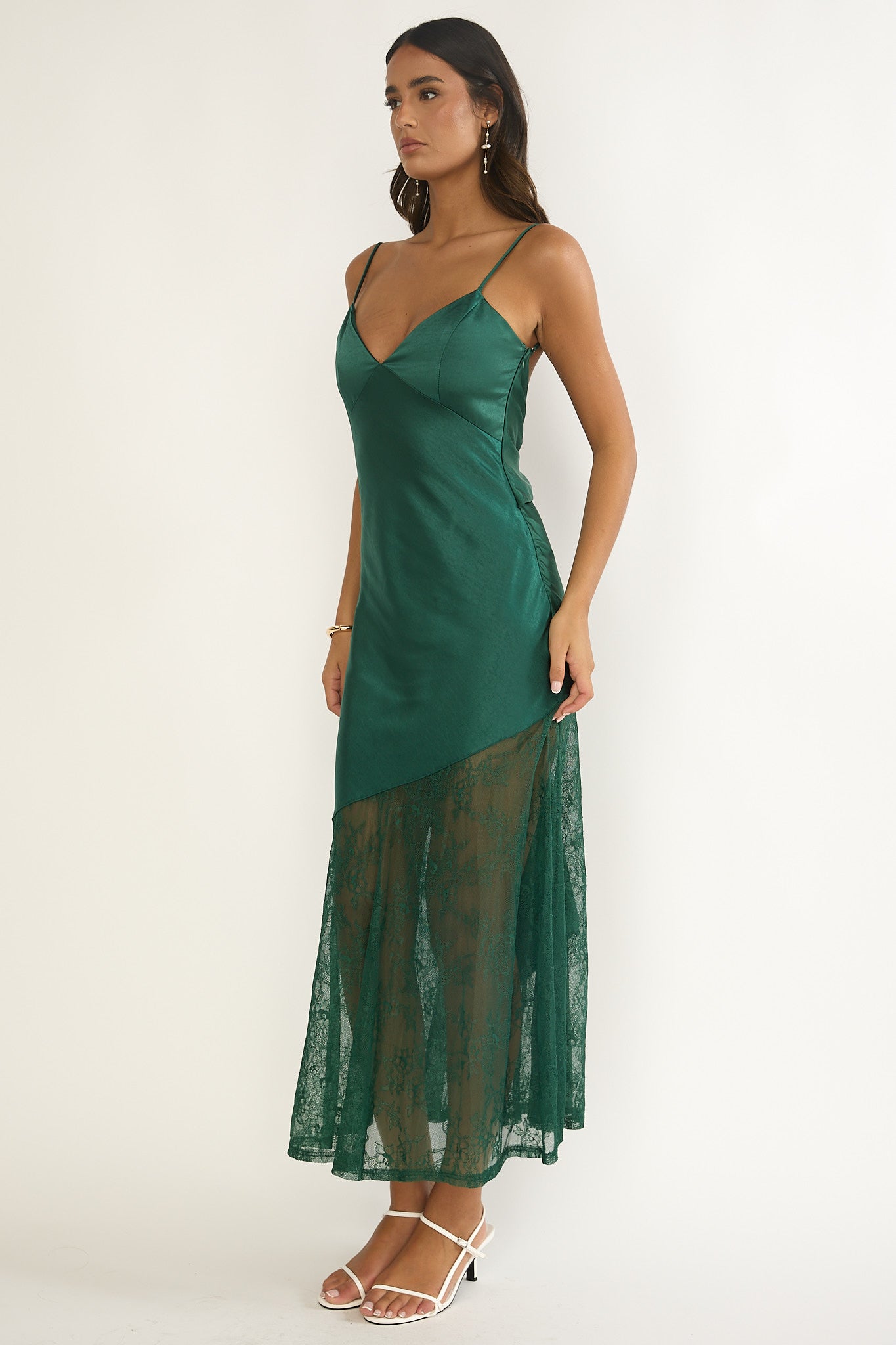 Ciao, Bella Tied Back Lace Hem Dress Forest Green-Maymioy