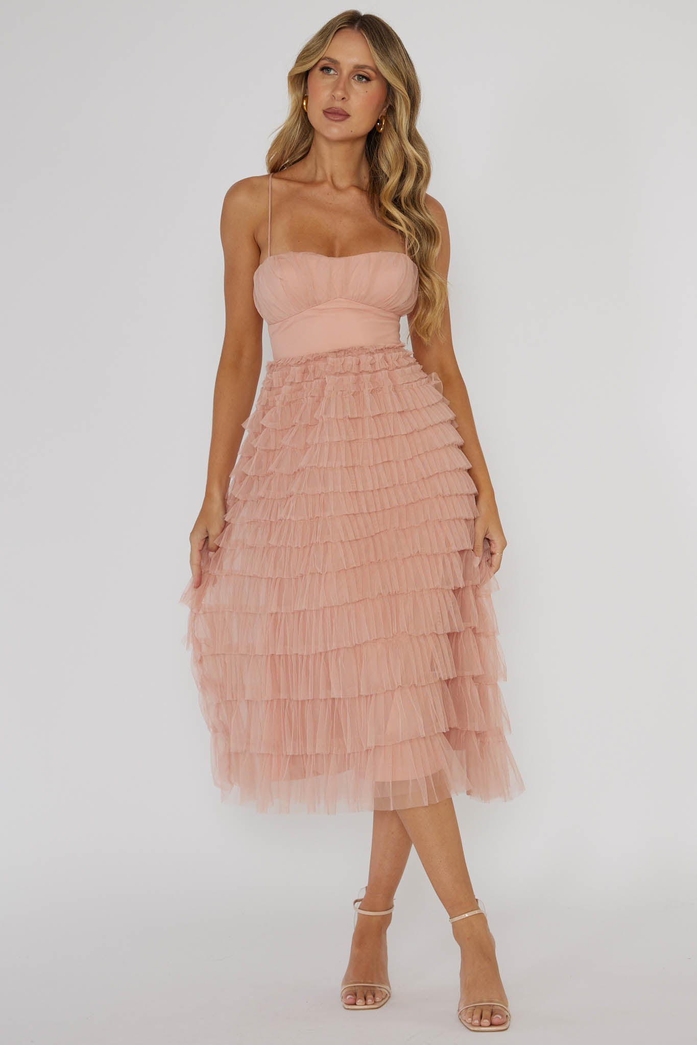 Garden Party Tiered Frill Midi Dress Blush-Maymioy