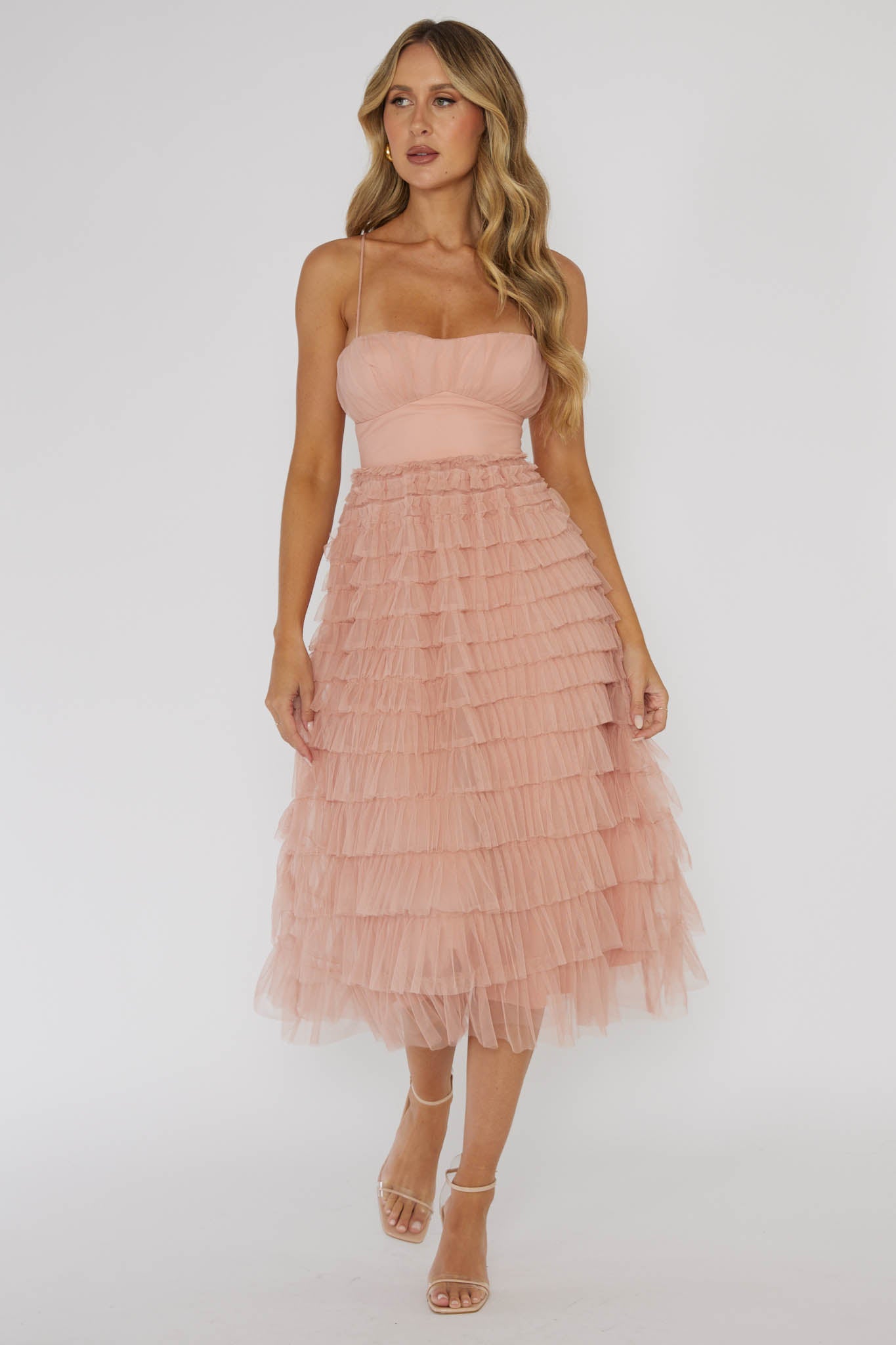 Garden Party Tiered Frill Midi Dress Blush-Maymioy