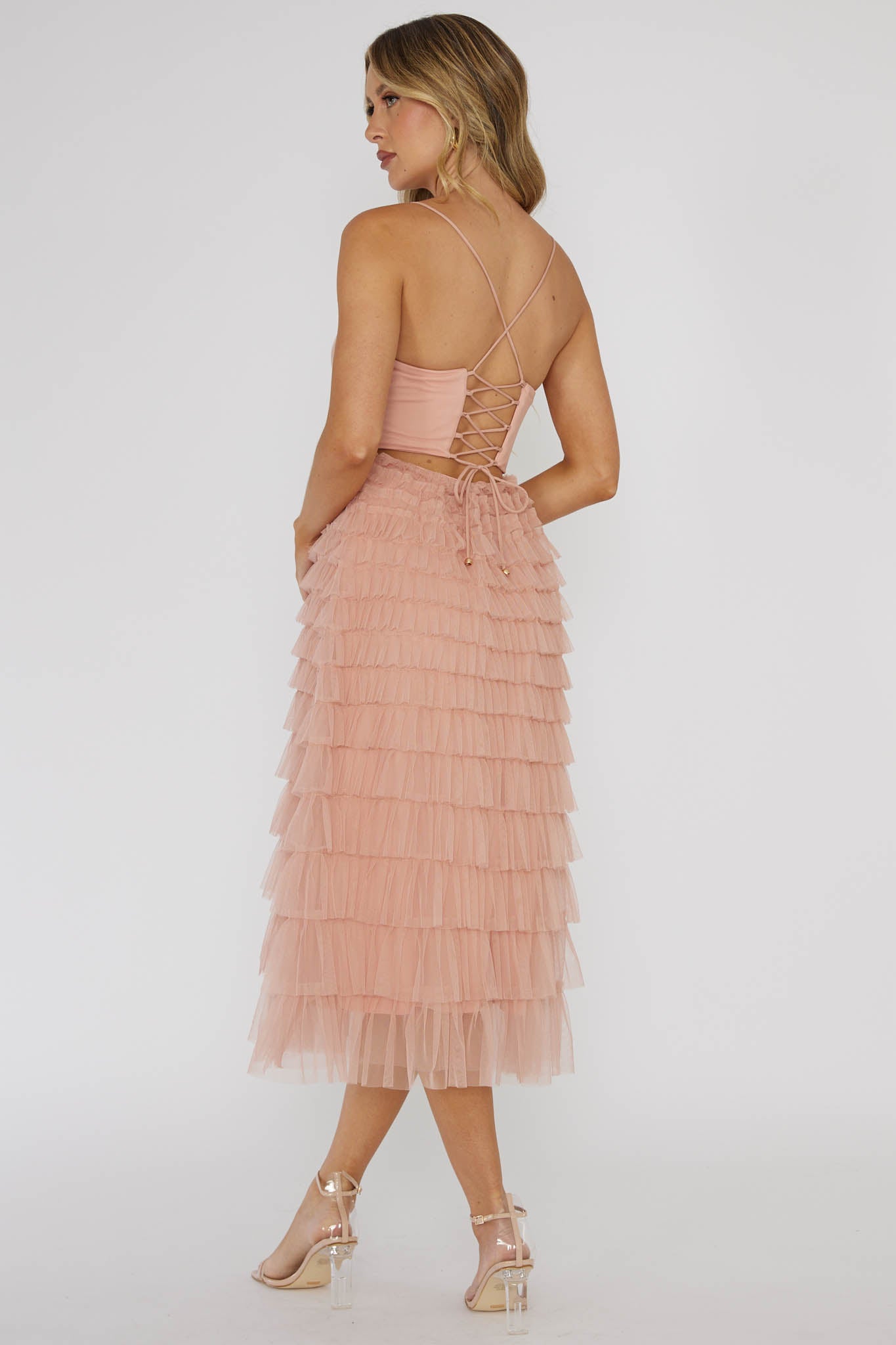 Garden Party Tiered Frill Midi Dress Blush-Maymioy