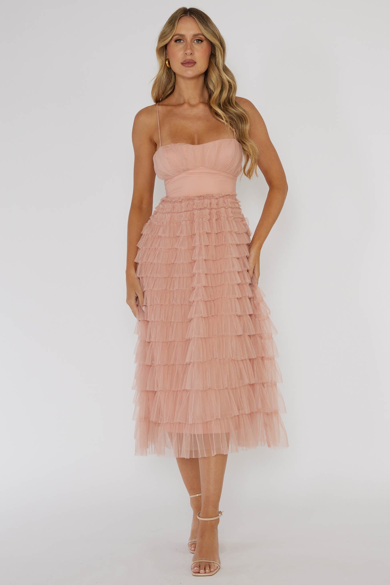 Garden Party Tiered Frill Midi Dress Blush-Maymioy