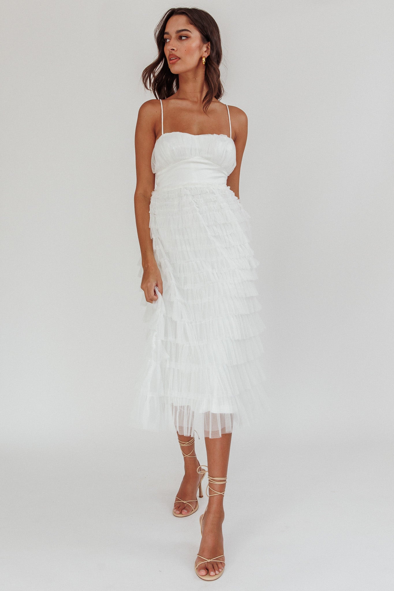 Garden Party Tiered Frill Midi Dress White-Maymioy
