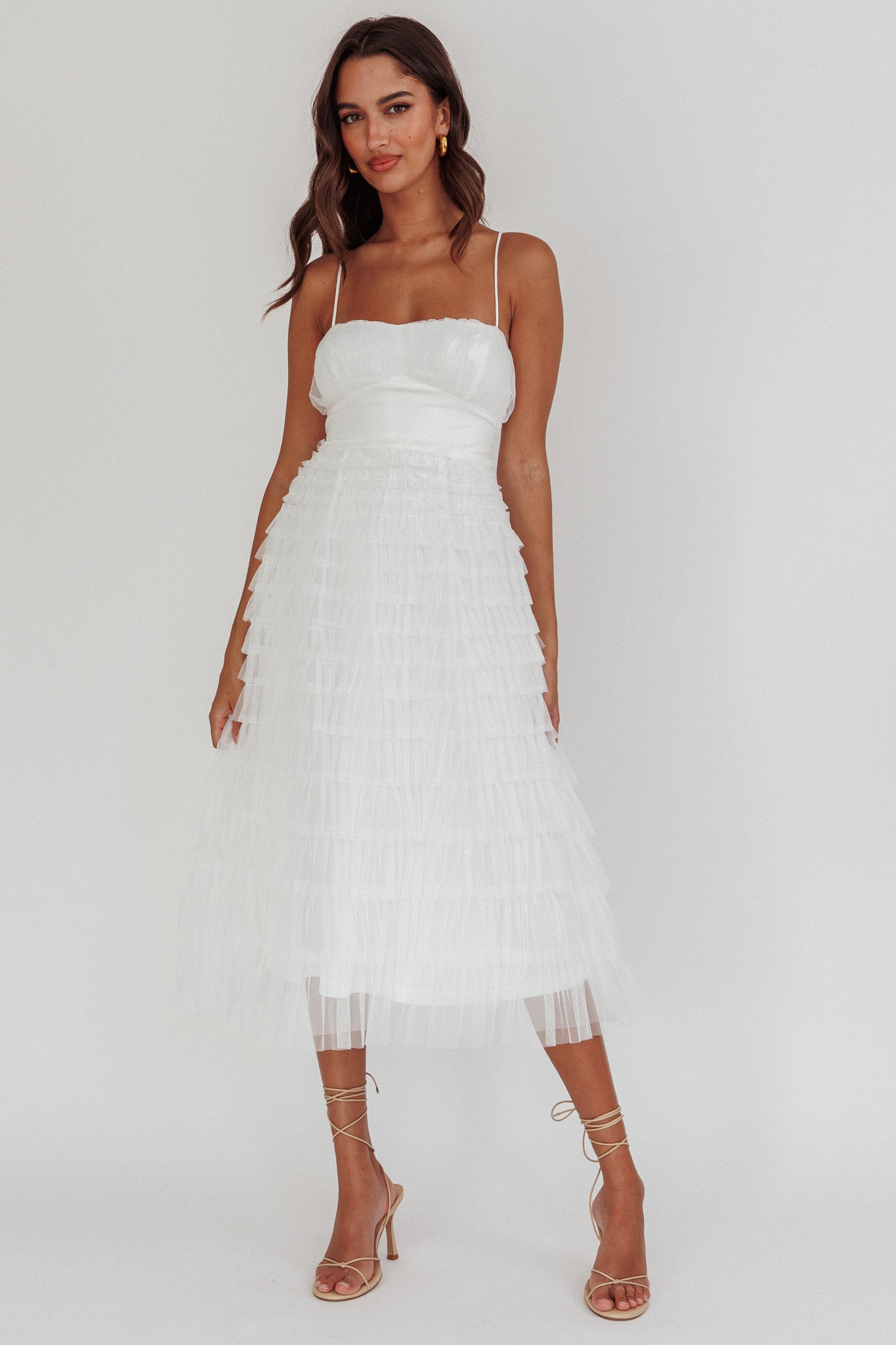 Garden Party Tiered Frill Midi Dress White-Maymioy