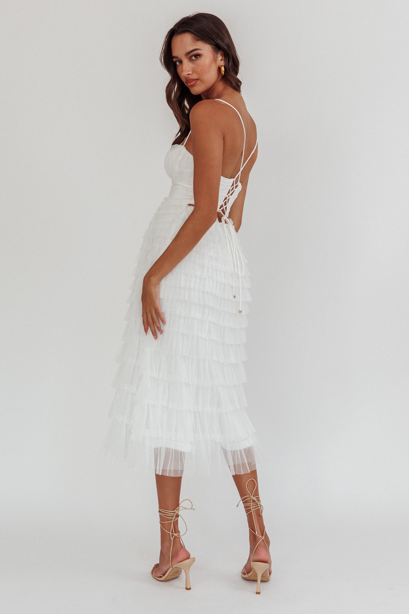 Garden Party Tiered Frill Midi Dress White-Maymioy