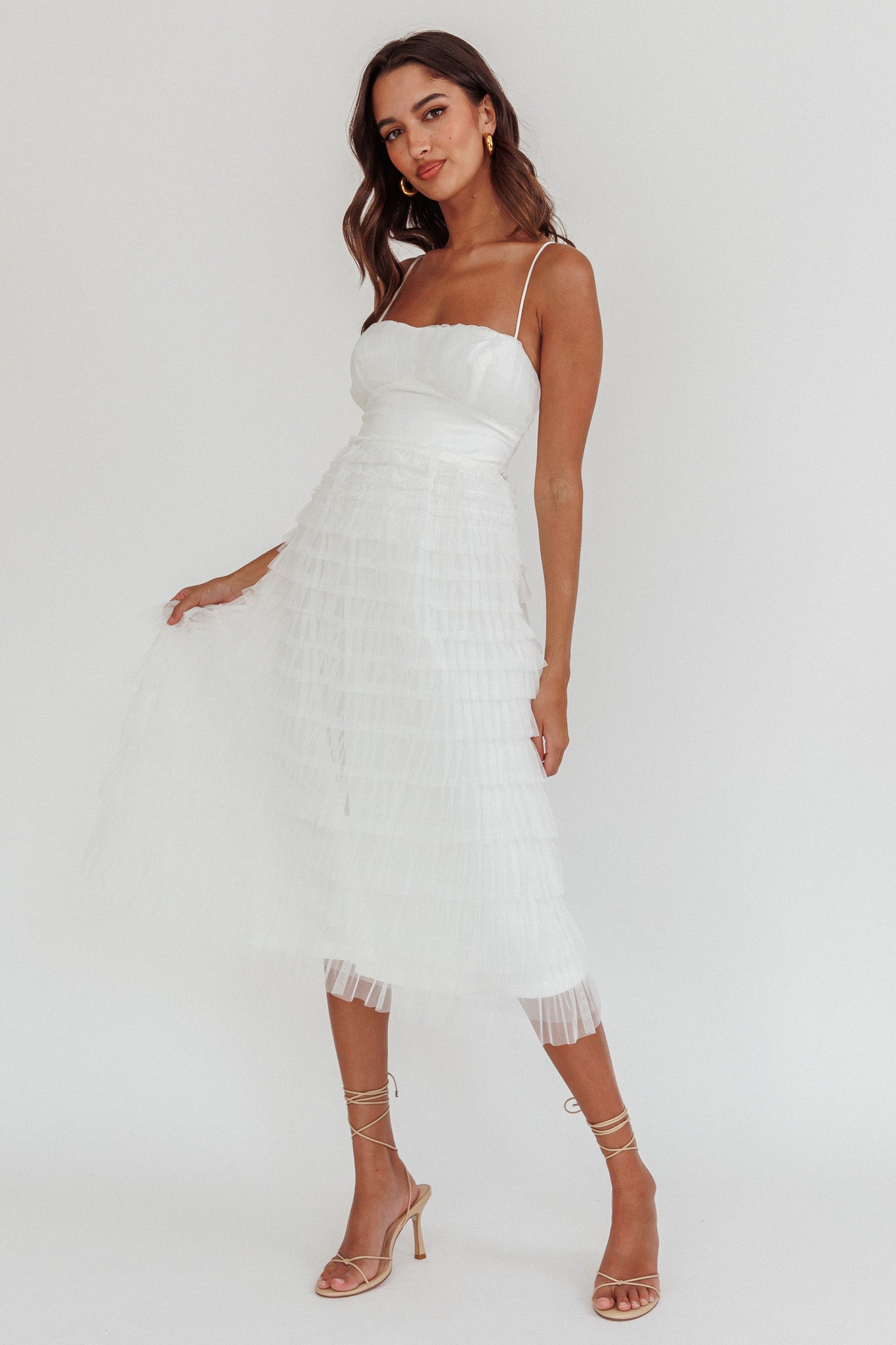 Garden Party Tiered Frill Midi Dress White-Maymioy