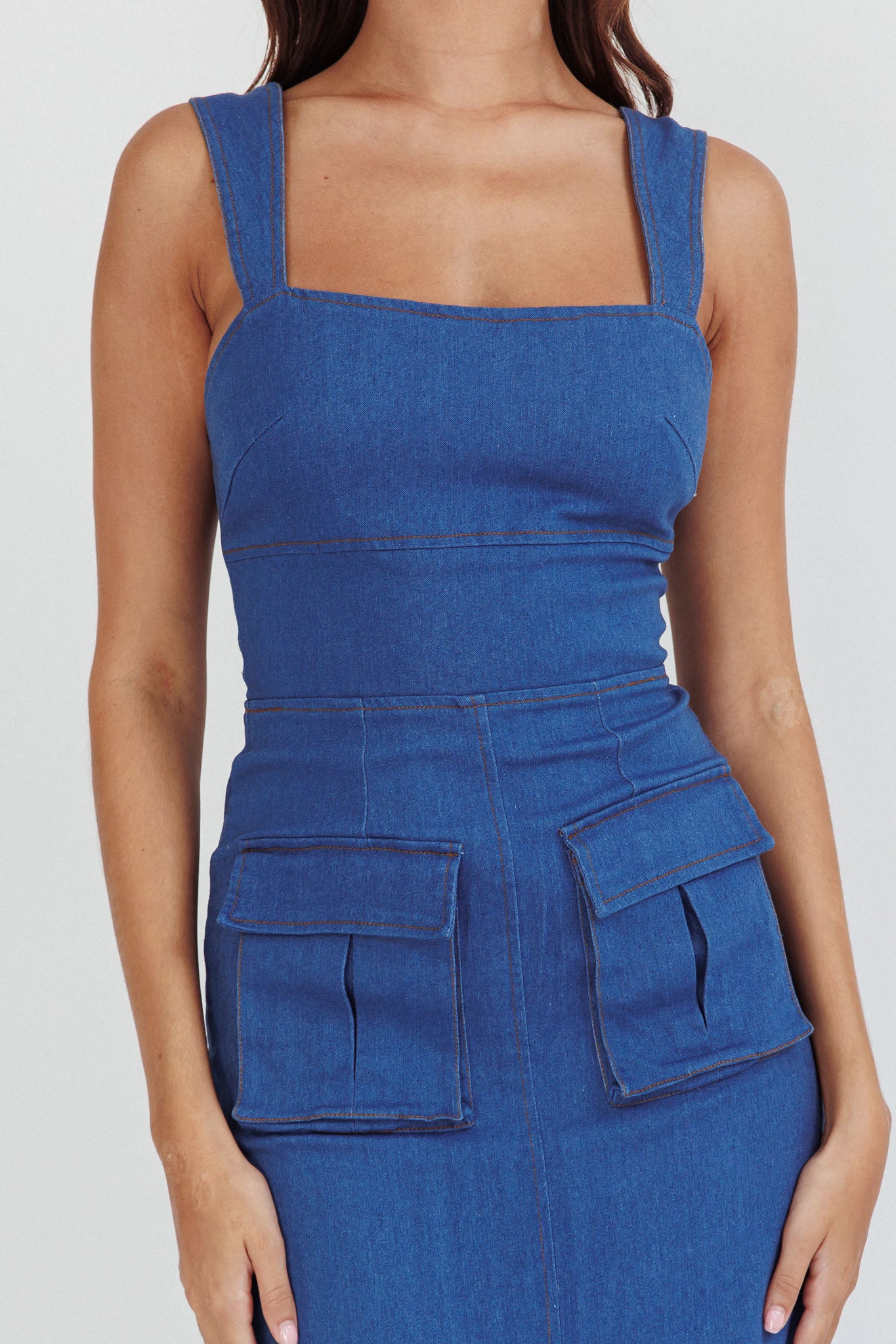 Central Park Pocket Front Midi Dress Denim-Maymioy