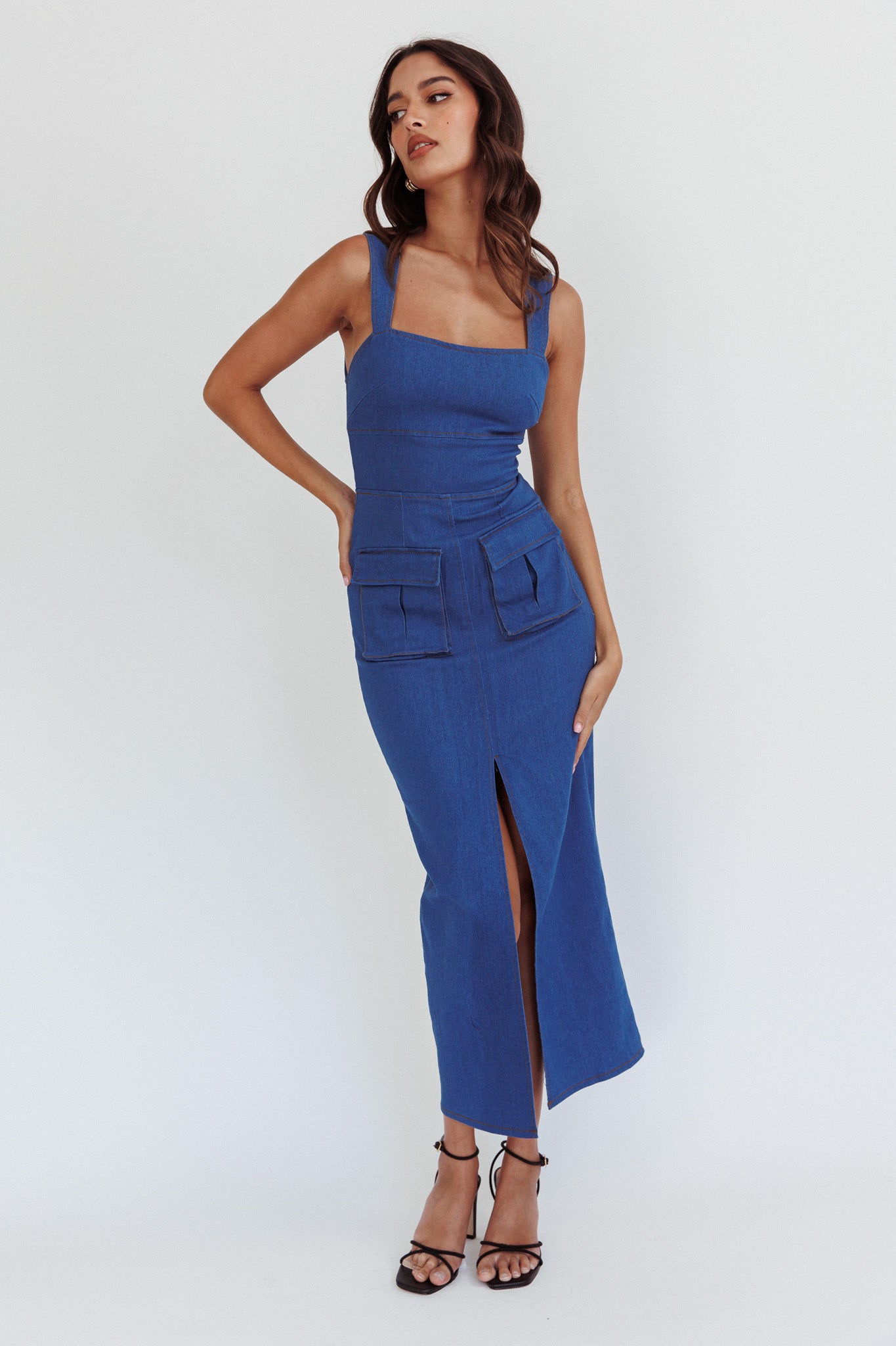 Central Park Pocket Front Midi Dress Denim-Maymioy