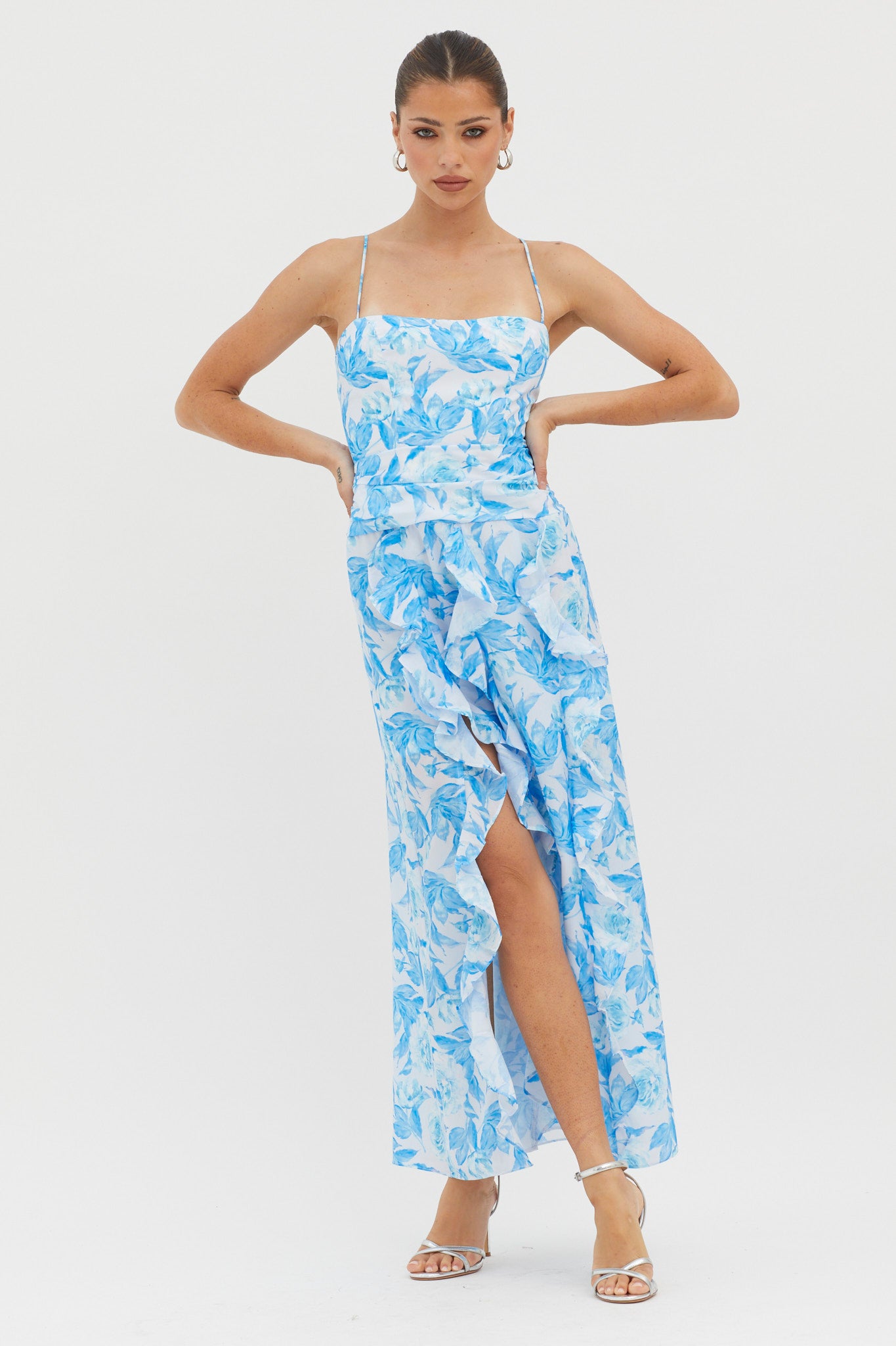Serif Ruffle Trim Split Maxi Dress Blue-Maymioy