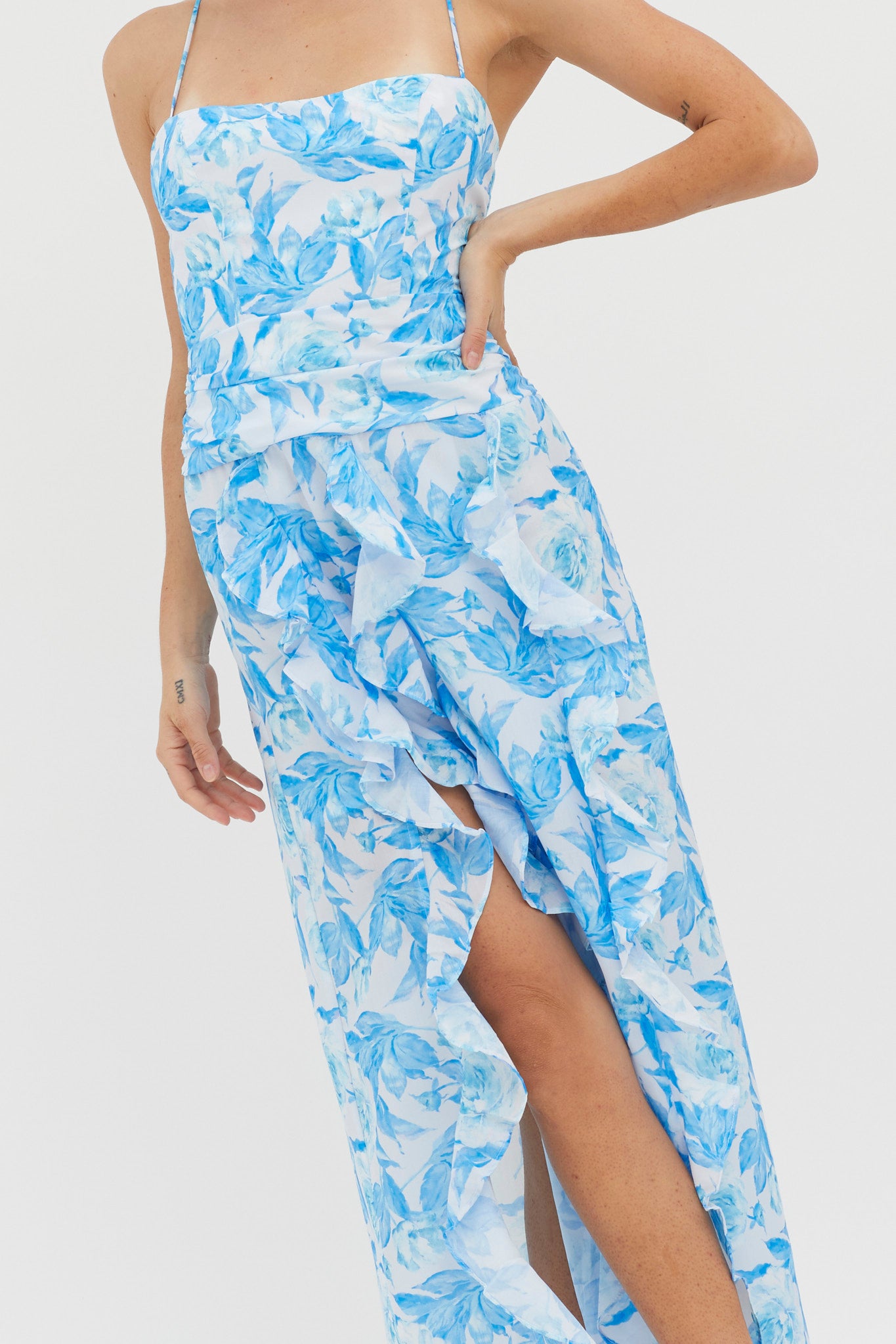 Serif Ruffle Trim Split Maxi Dress Blue-Maymioy