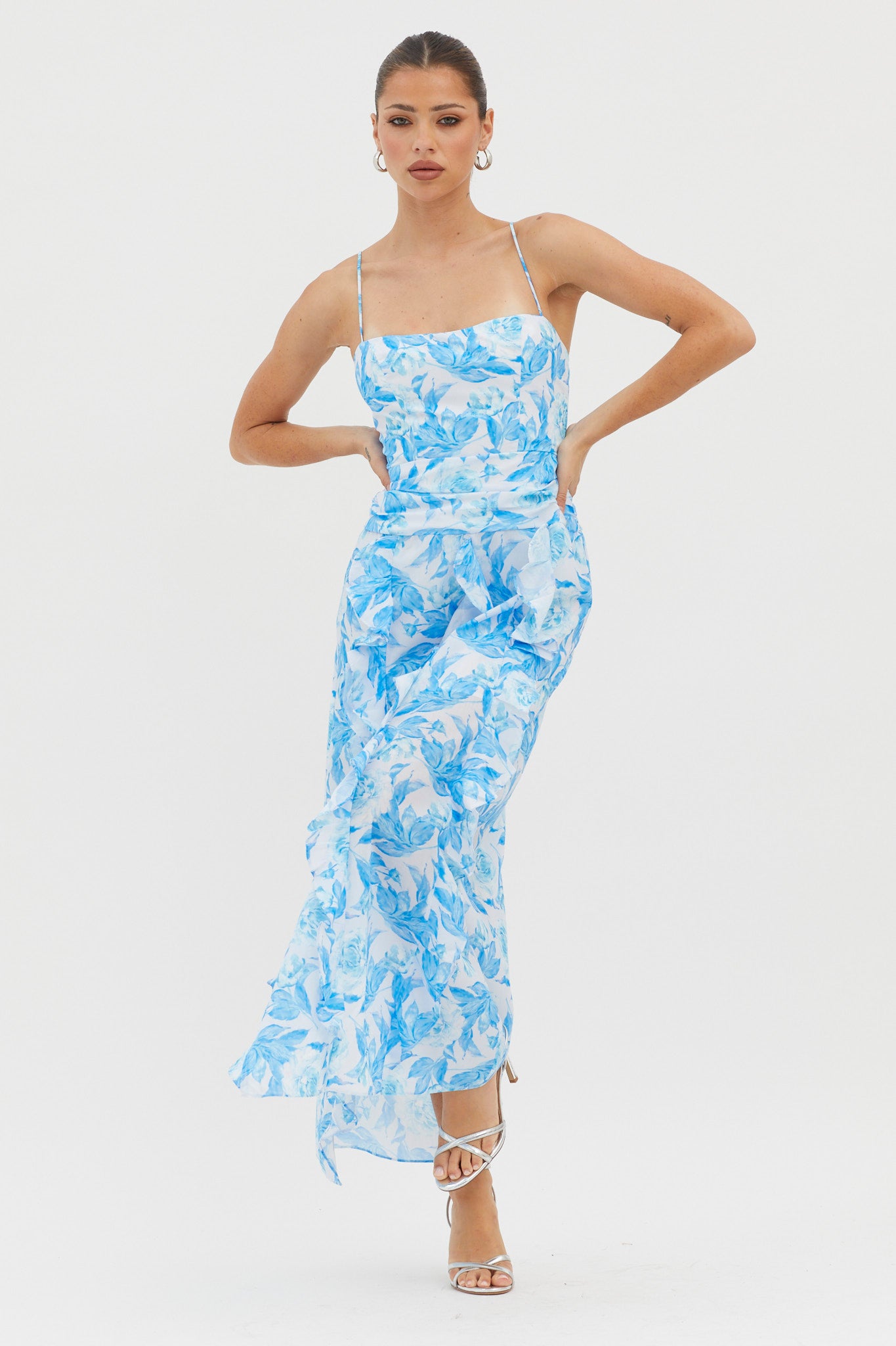 Serif Ruffle Trim Split Maxi Dress Blue-Maymioy