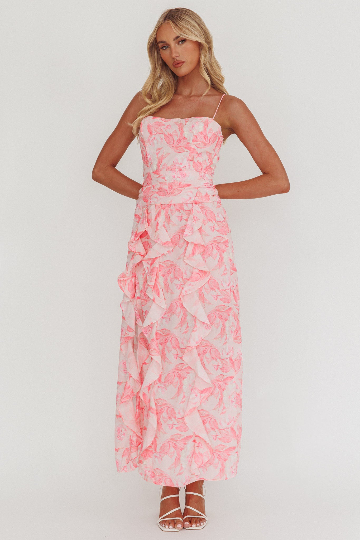 Serif Ruffle Trim Split Maxi Dress Pink-Maymioy