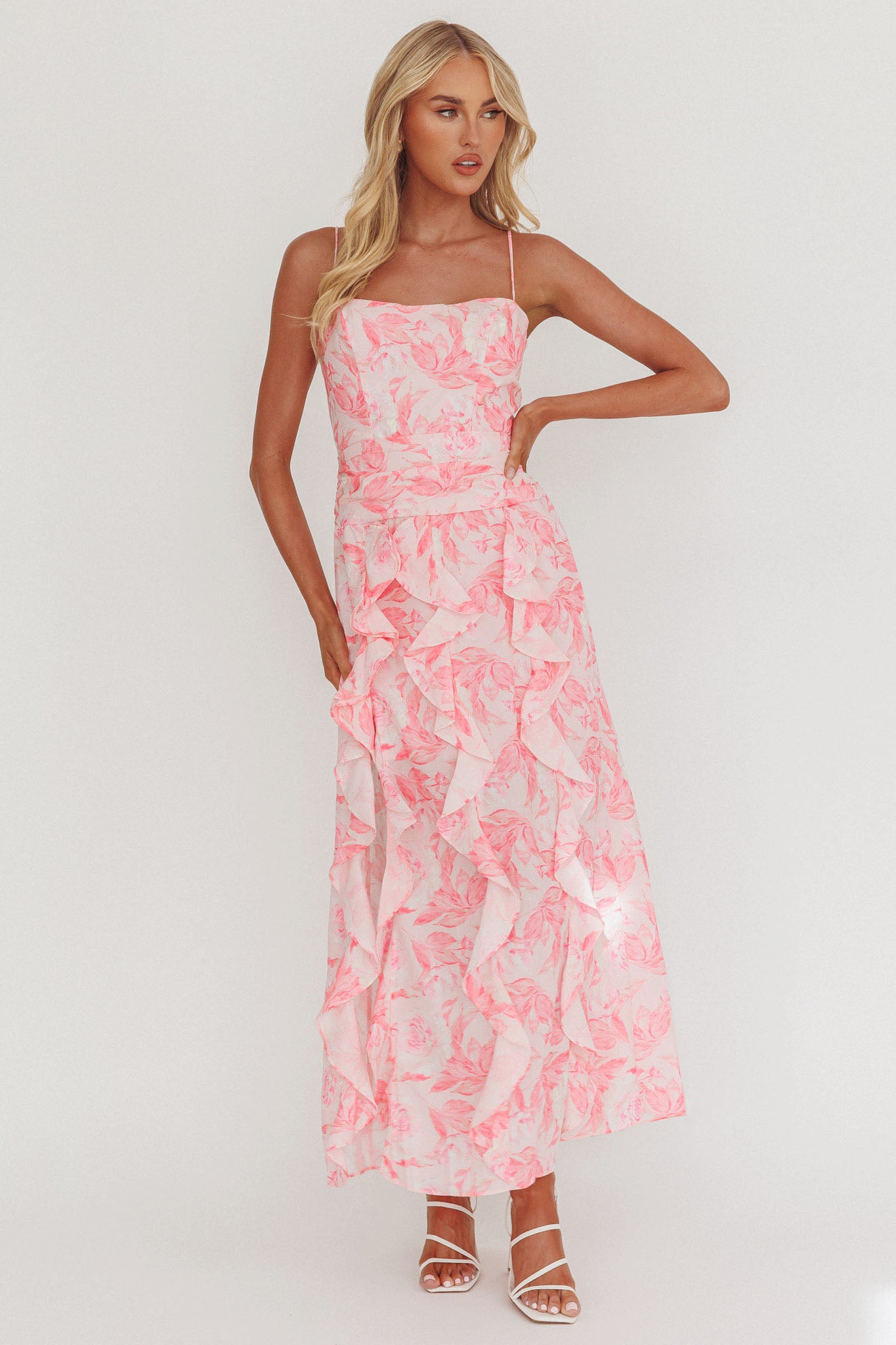 Serif Ruffle Trim Split Maxi Dress Pink-Maymioy