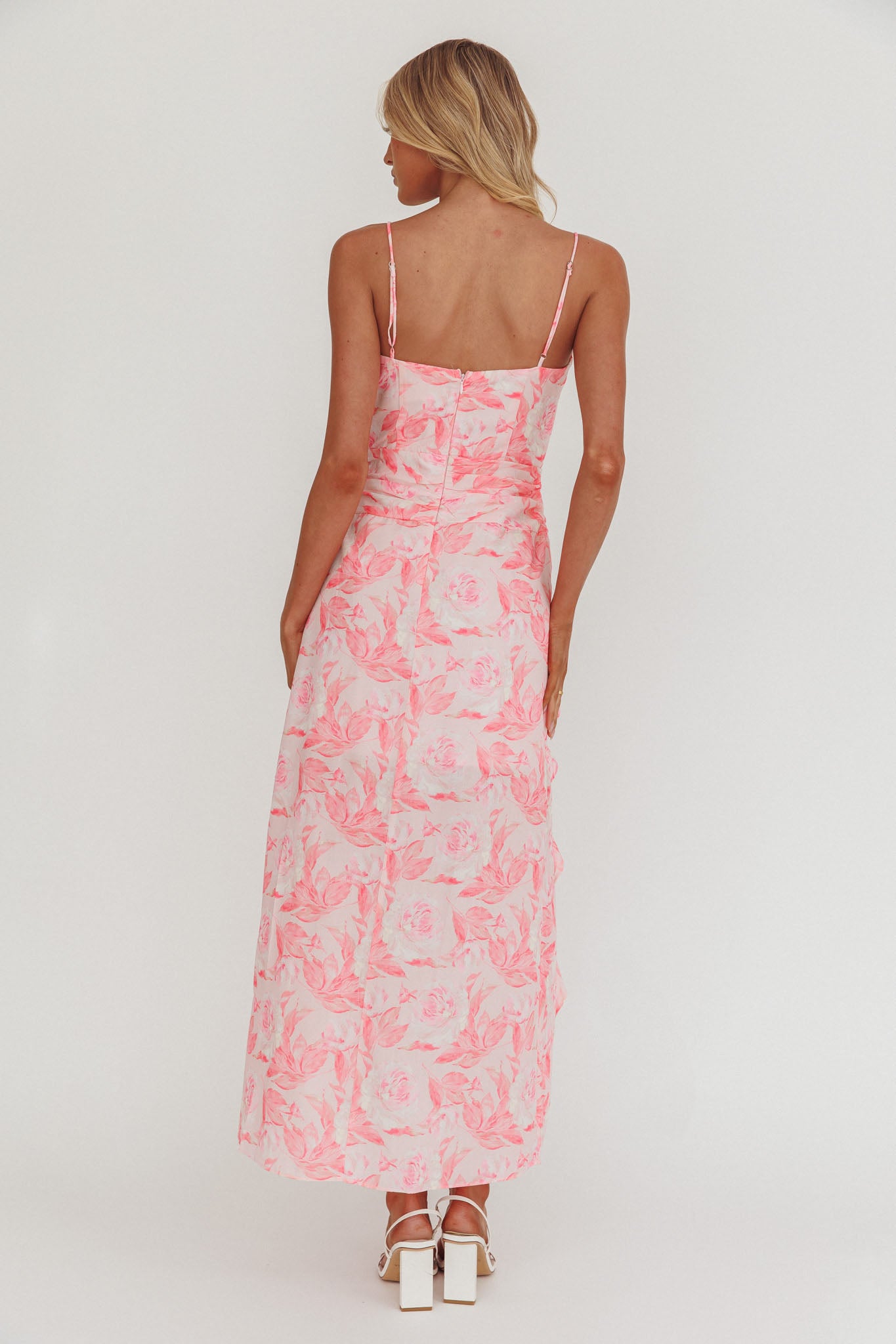 Serif Ruffle Trim Split Maxi Dress Pink-Maymioy