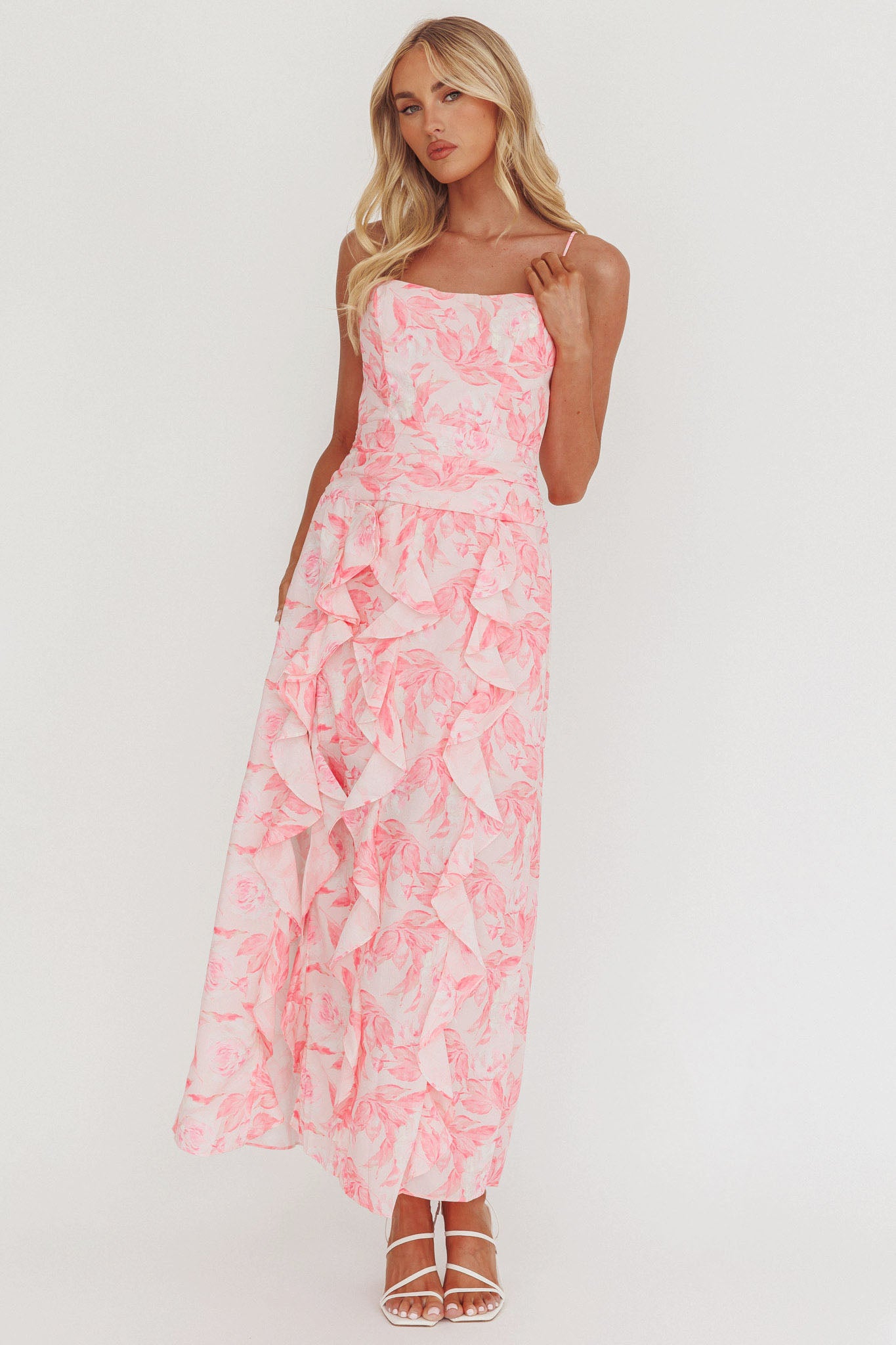 Serif Ruffle Trim Split Maxi Dress Pink-Maymioy