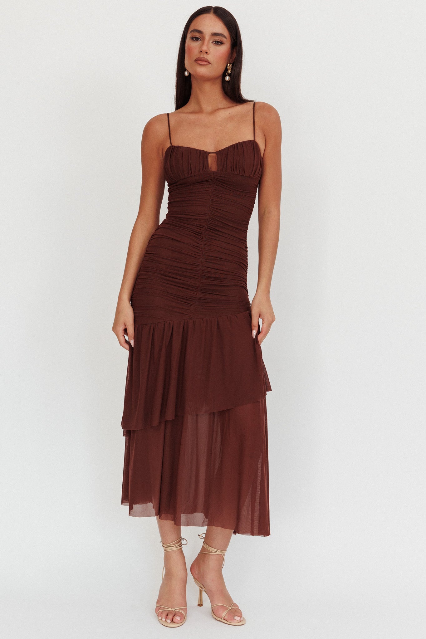 Kailua Ruched Tiered Hem Maxi Dress Chocolate-Maymioy