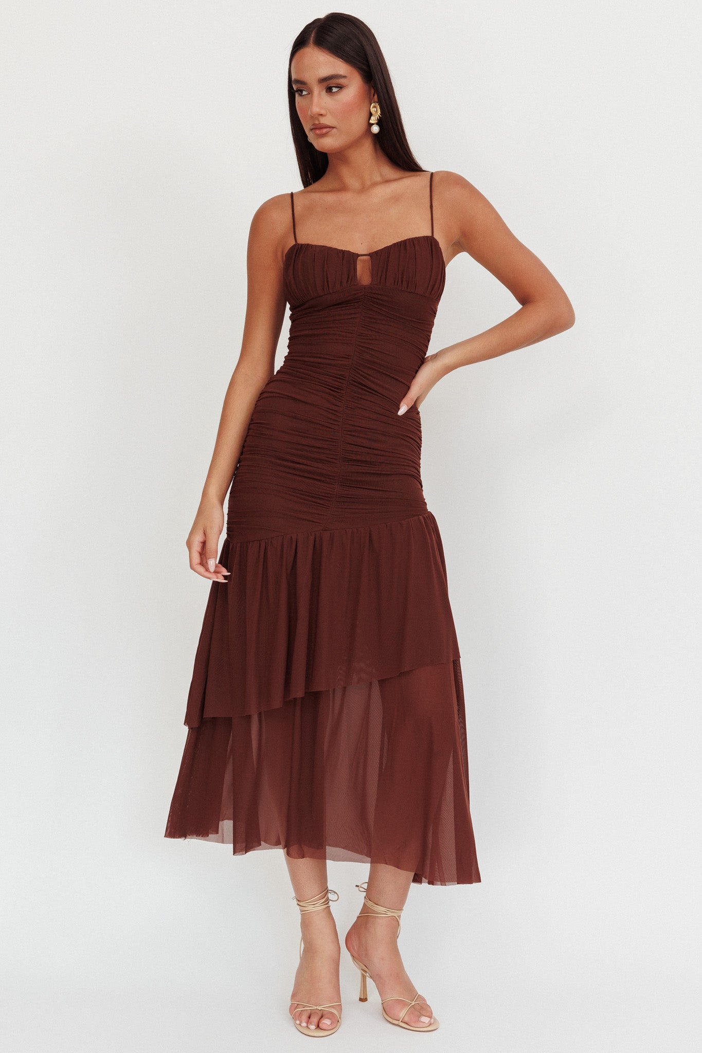 Kailua Ruched Tiered Hem Maxi Dress Chocolate-Maymioy