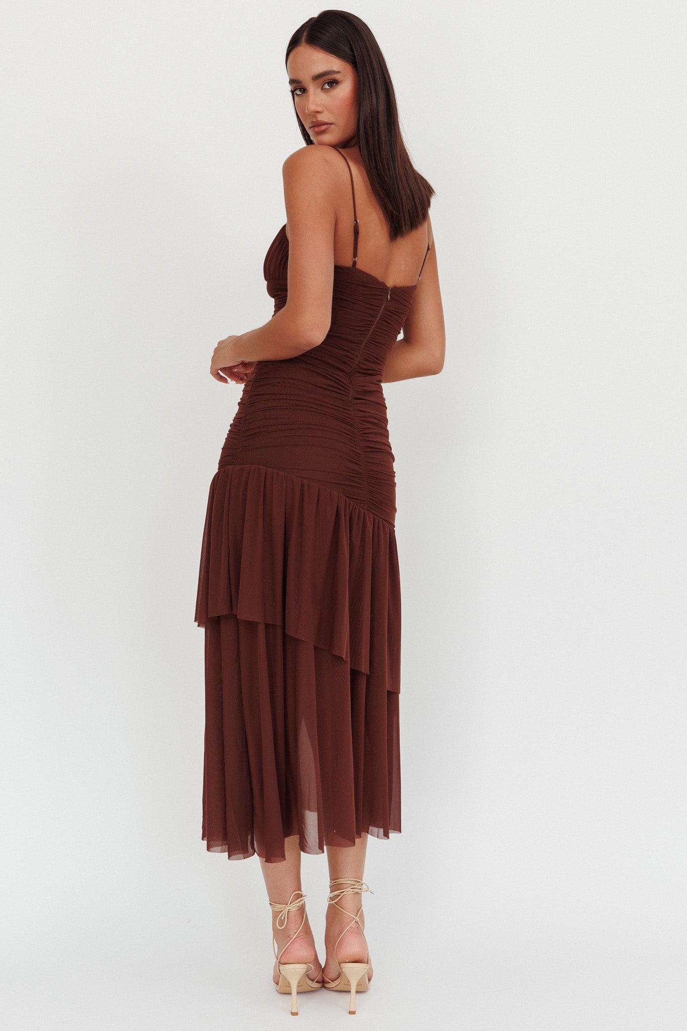 Kailua Ruched Tiered Hem Maxi Dress Chocolate-Maymioy