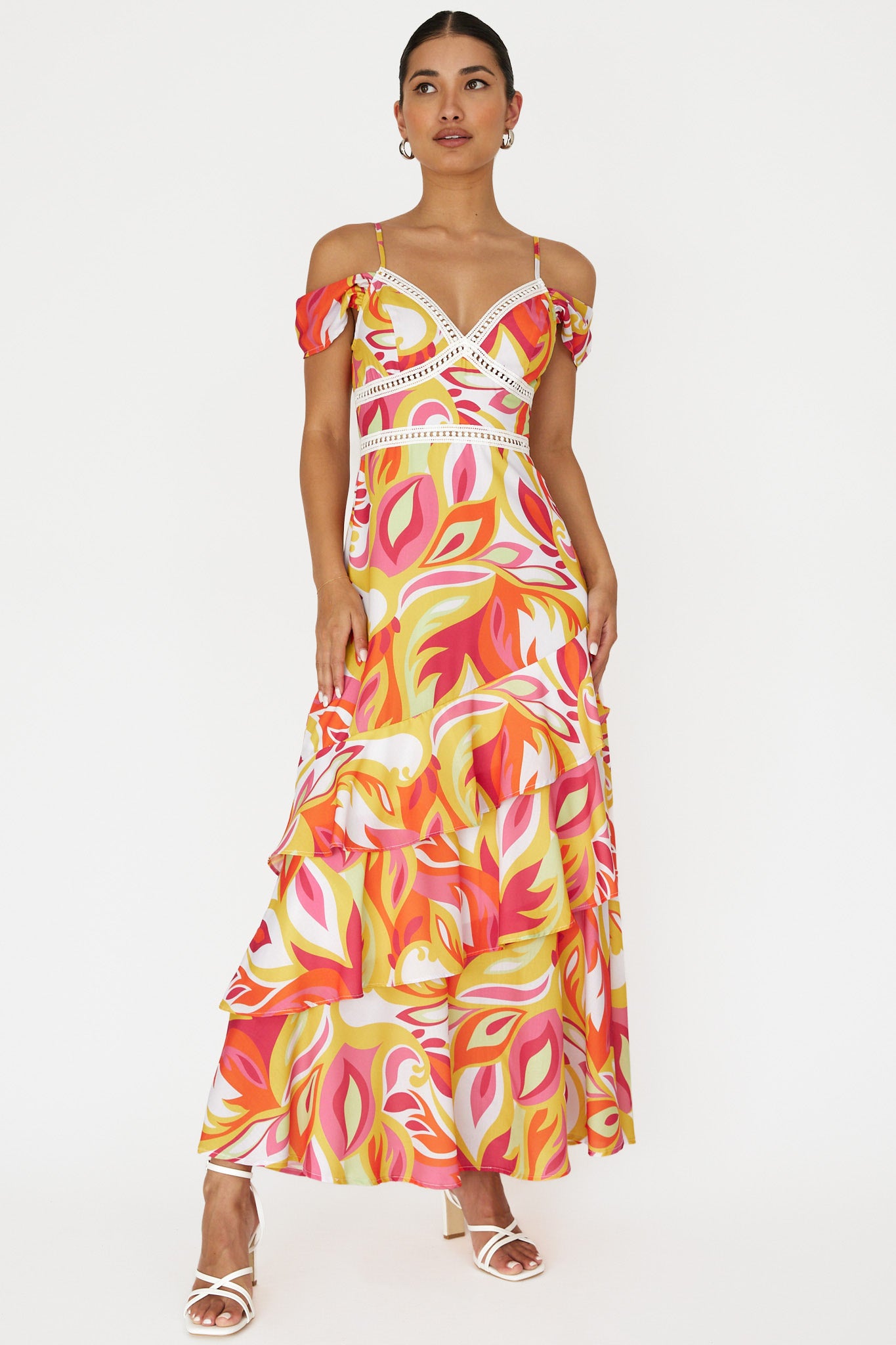 Seina Off-Shoulder Crochet Trim Dress Print Orange-Maymioy
