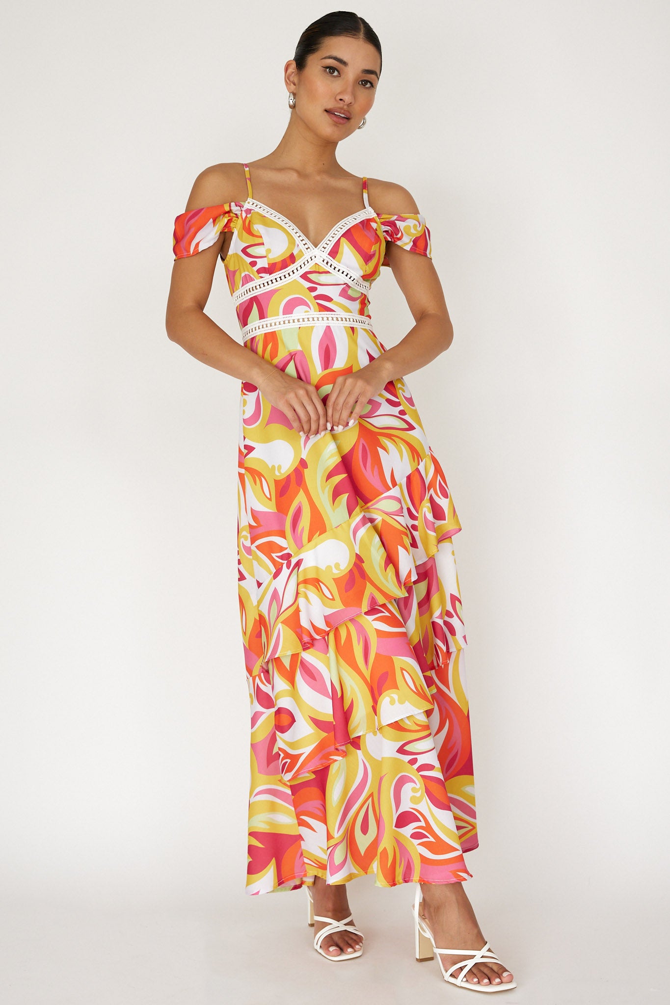 Seina Off-Shoulder Crochet Trim Dress Print Orange-Maymioy