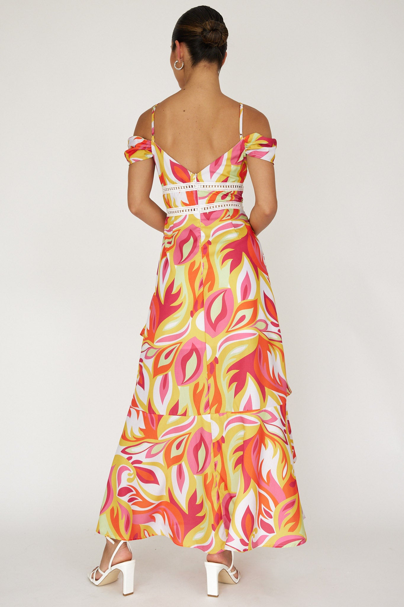 Seina Off-Shoulder Crochet Trim Dress Print Orange-Maymioy